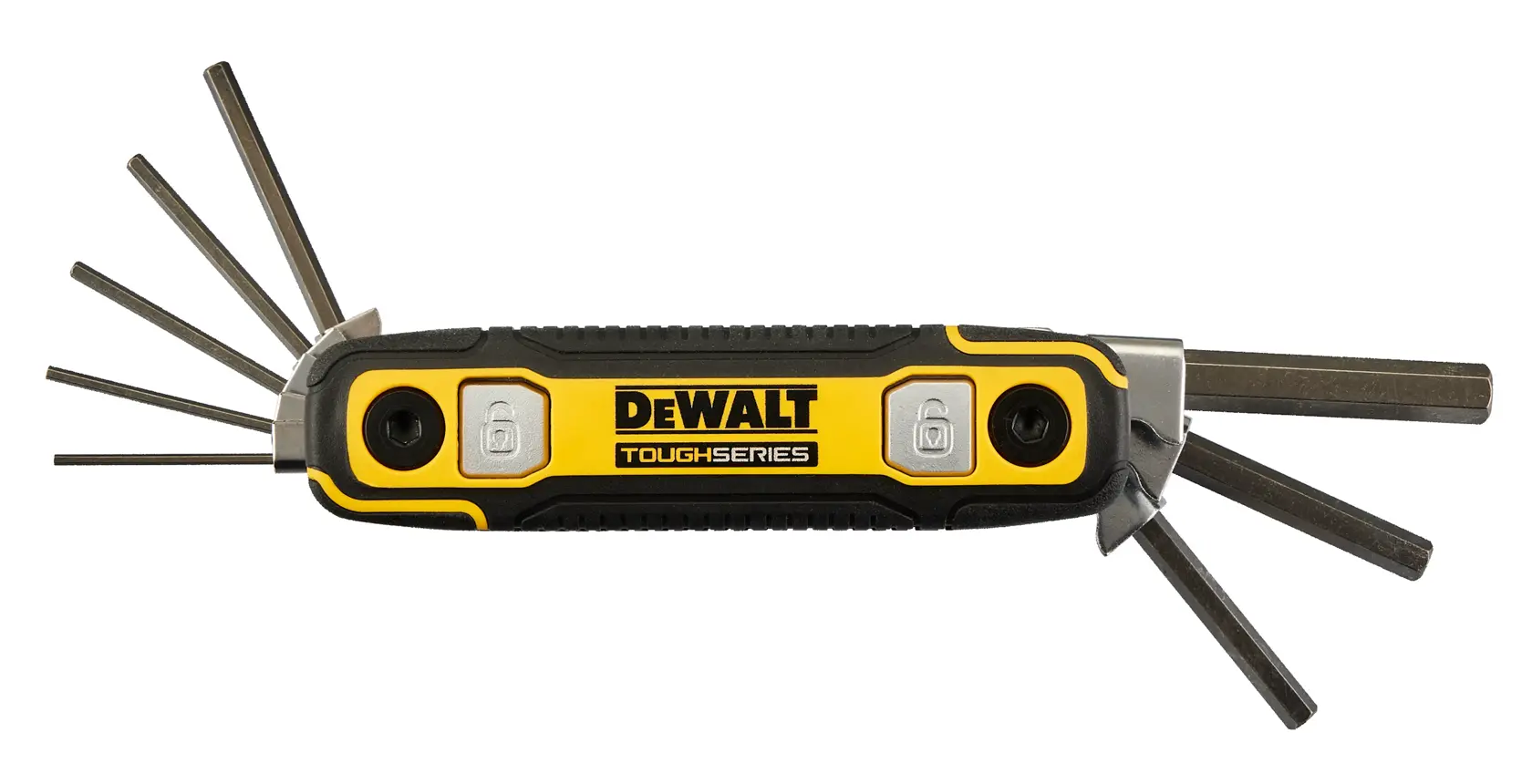 A DEWALT ToughSeries folding hex key set with multiple hex keys extended from a black and yellow handle. The keys are different sizes and are arranged on both sides of the tool.