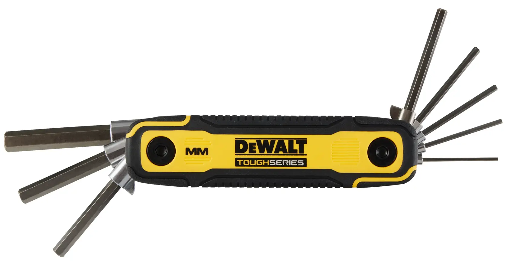 A DEWALT ToughSeries metric folding hex key set with multiple hex keys extended outward from a black and yellow handle.