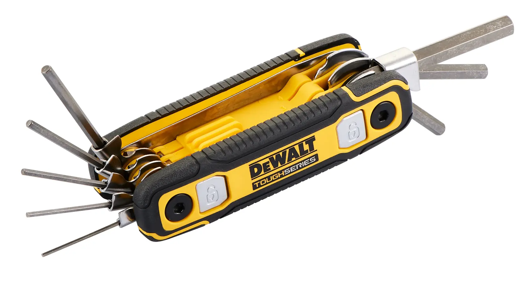 A DEWALT ToughSeries folding hex key set with multiple hex keys extended outward from a black and yellow handle.