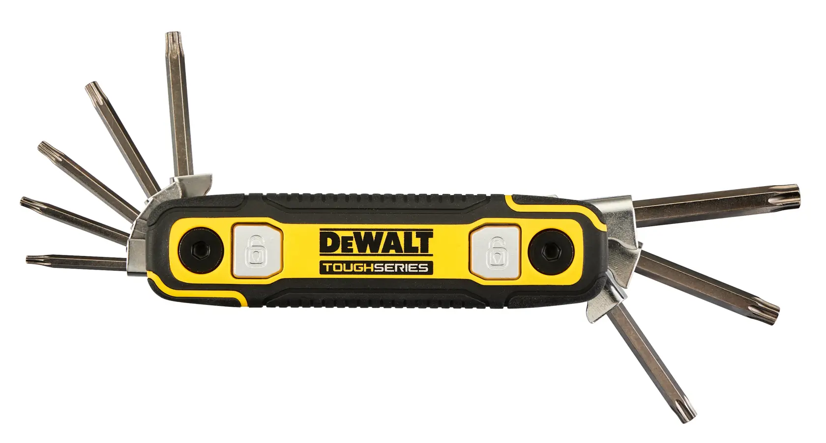 A DEWALT ToughSeries folding star-shaped hex key tool with multiple Torx bits extended from both sides, featuring a yellow and black handle with white buttons.