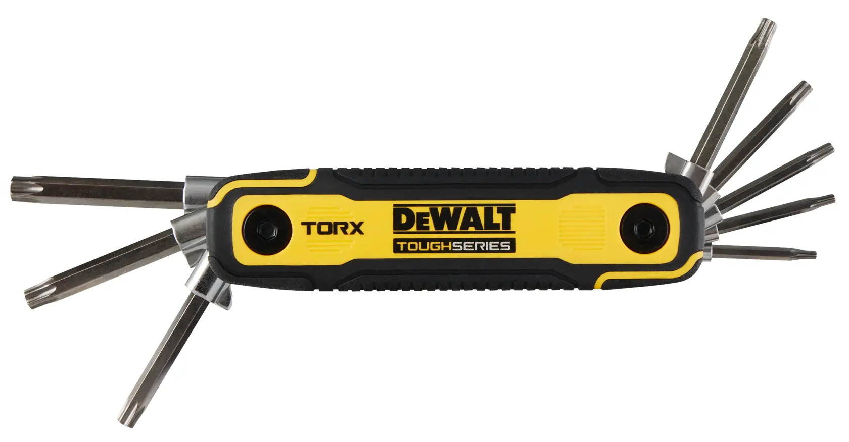 A DEWALT ToughSeries folding Torx key set with multiple metal Torx keys extended on both sides. The handle is yellow and black with DEWALT branding.