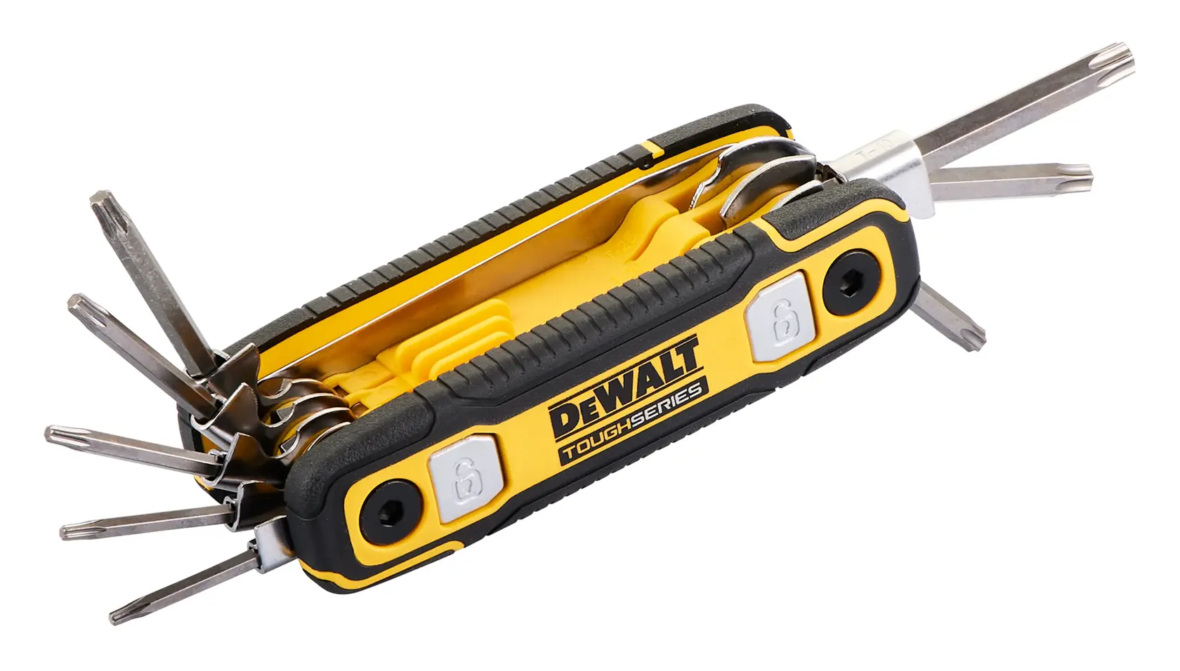 A DEWALT ToughSeries folding hex key set with multiple hex keys extended. The tool features a black and yellow handle with the DEWALT logo prominently displayed.