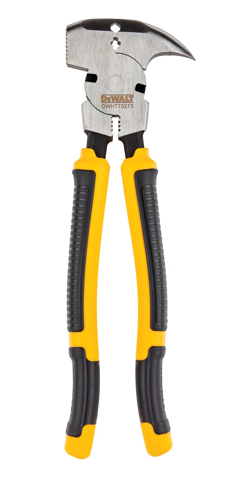 A pair of DEWALT 10.25-inch fencing pliers with yellow and black ergonomic handles, featuring multiple functions including gripping, cutting, and hammering.