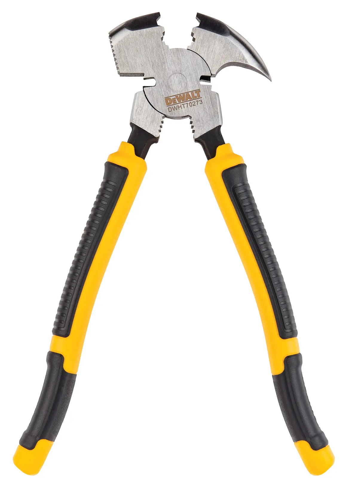 A pair of DEWALT DWHT70273 fencing pliers with yellow and black ergonomic handles, designed for cutting, gripping, and hammering tasks.