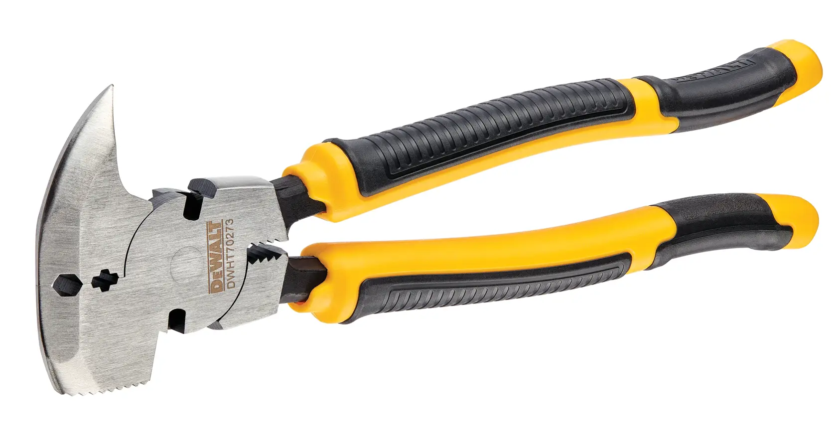 A DEWALT DWHT70273 multi-functional tool with yellow and black ergonomic handles, featuring a plier-style mechanism and a hammer head.