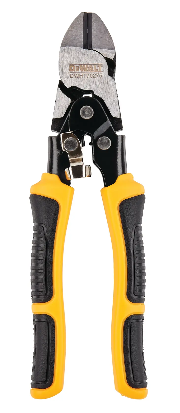 A pair of DEWALT DWHT70275 compound action diagonal pliers with black and yellow insulated handles, shown against a white background.