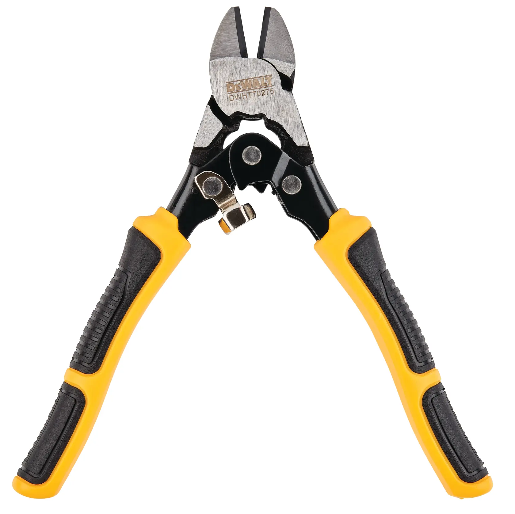 A pair of DEWALT DWHT70275 cutting pliers with yellow and black ergonomic handles, shown against a white background.