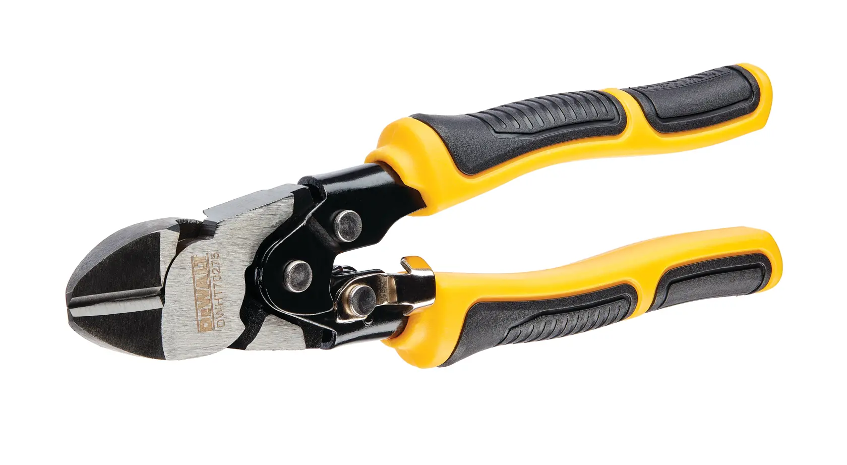 A pair of DEWALT DWHT70275 compound action diagonal cutting pliers with yellow and black handles, shown on a white background.