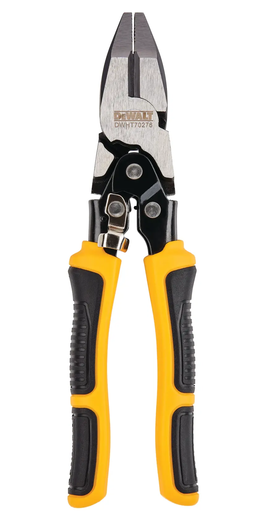 A pair of DEWALT DWHT70276 aviation snips with yellow and black handles, designed for cutting sheet metal.