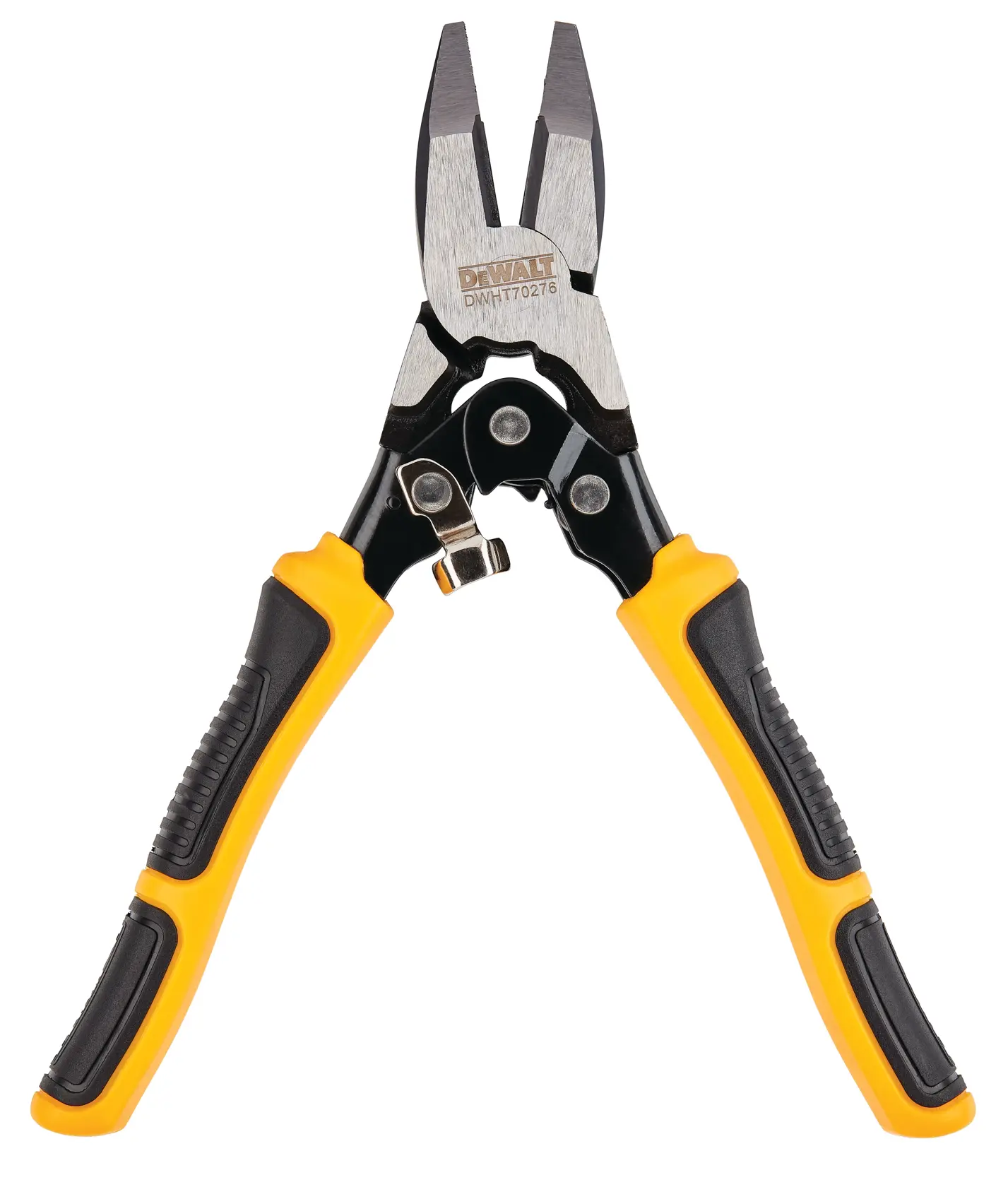 A pair of DEWALT pliers with yellow and black handles and metal jaws, model DWHT70276, shown against a white background.