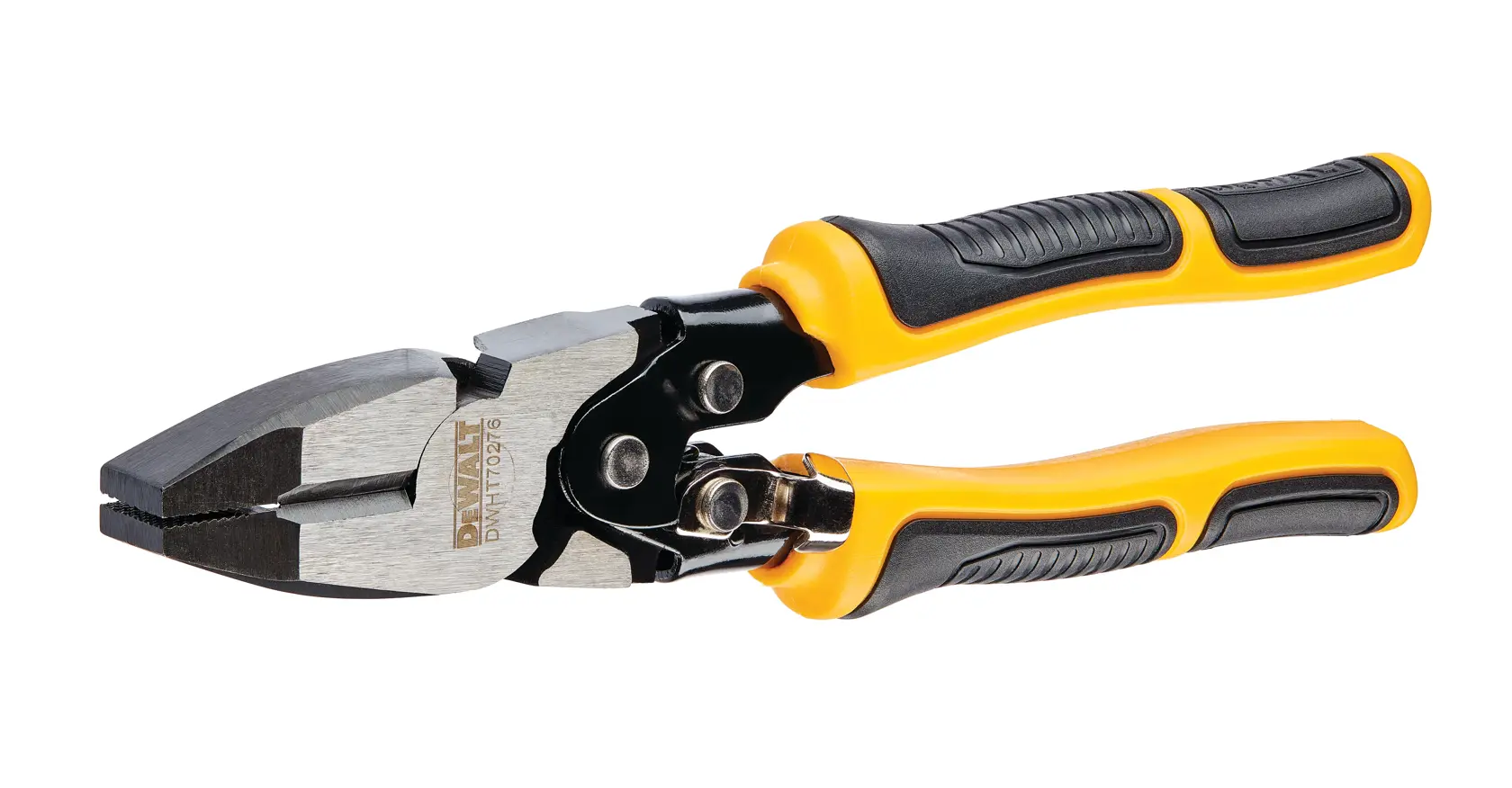 A pair of DEWALT pliers with yellow and black ergonomic handles, shown against a white background.