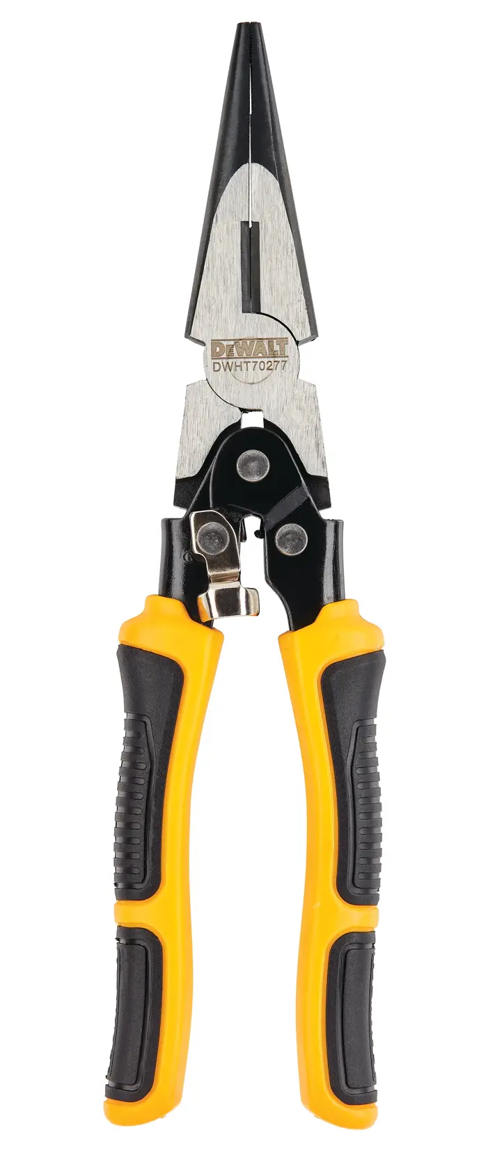 A pair of DEWALT long nose pliers with yellow and black ergonomic handles, model DWHT70277, shown against a white background.