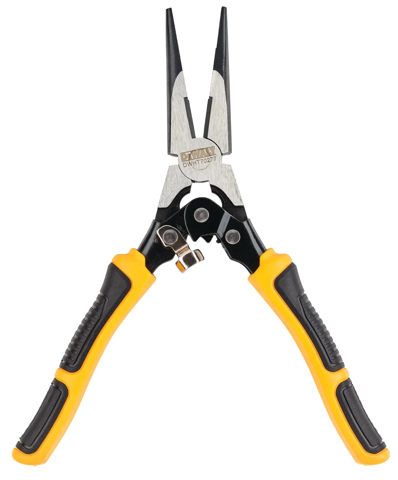 A pair of DEWALT long nose pliers with yellow and black ergonomic handles, model DWHT70277.