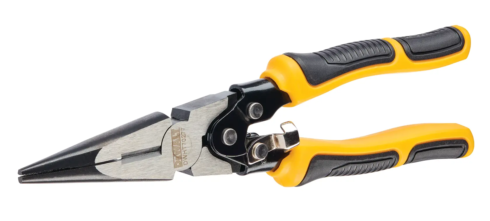 A pair of DEWALT straight cut aviation snips with yellow and black ergonomic handles, designed for cutting sheet metal.