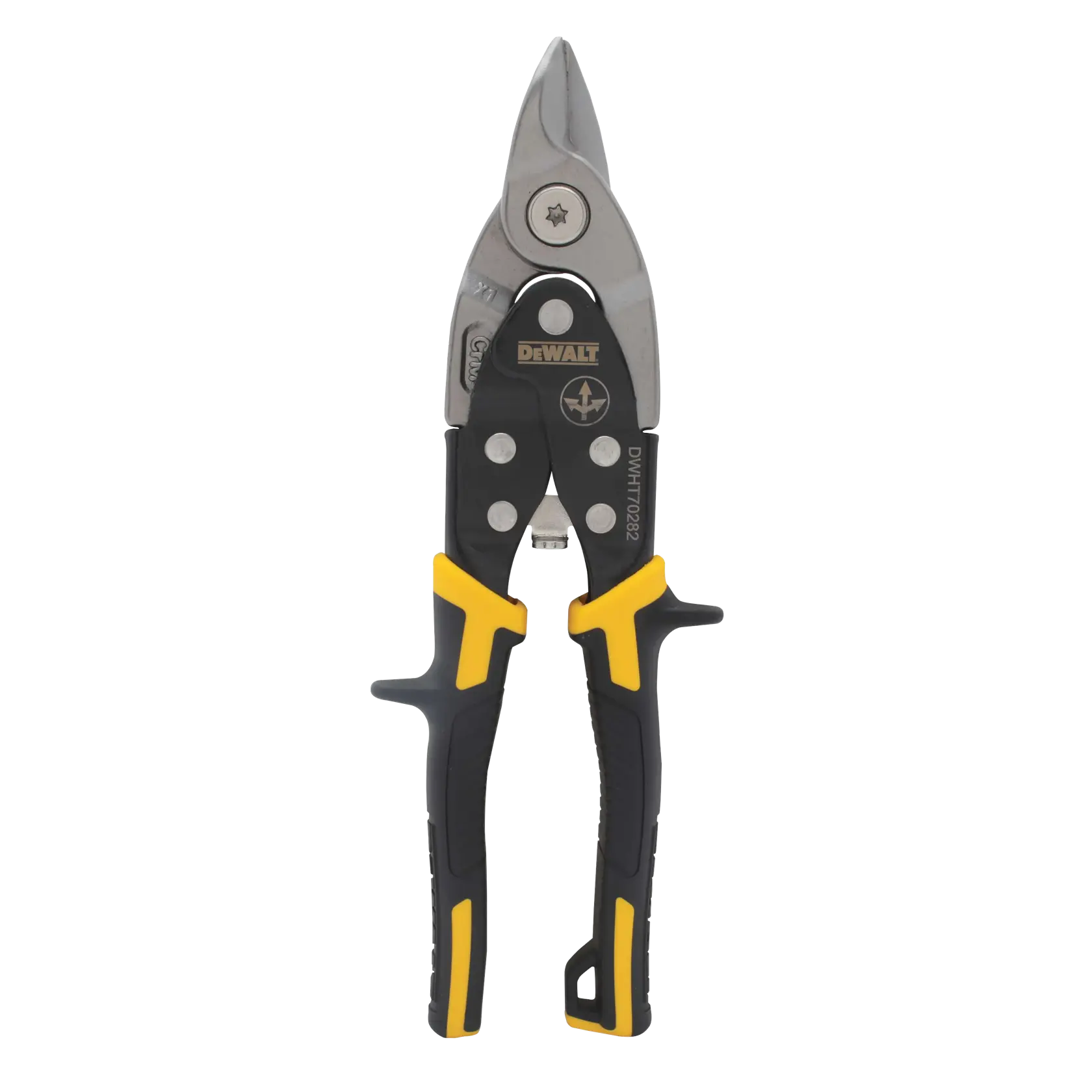 A DEWALT aviation snip with black and yellow handled grips and a serrated cutting blade, shown on a white background.