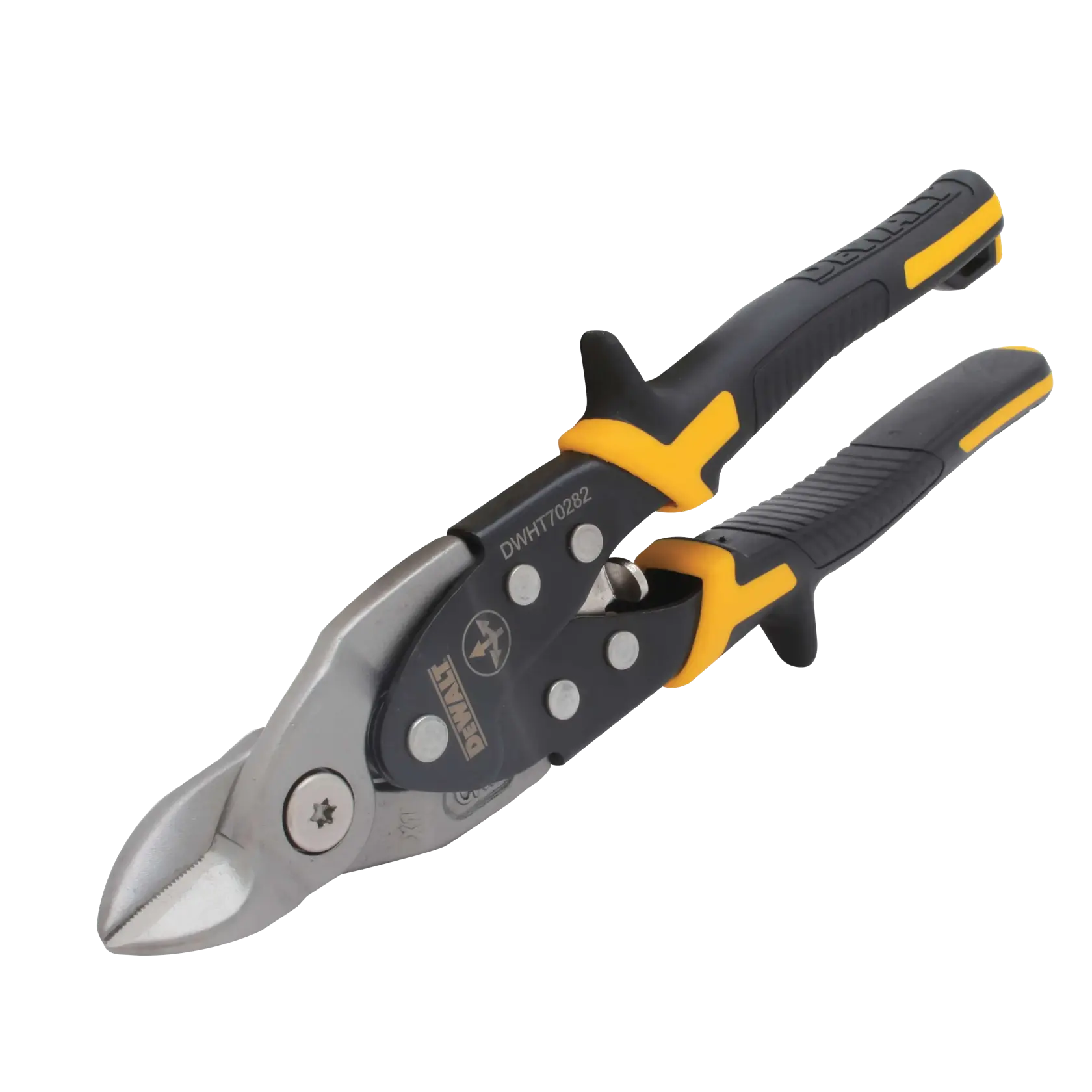 A pair of DEWALT aviation snips with black and yellow handles, used for cutting sheet metal.