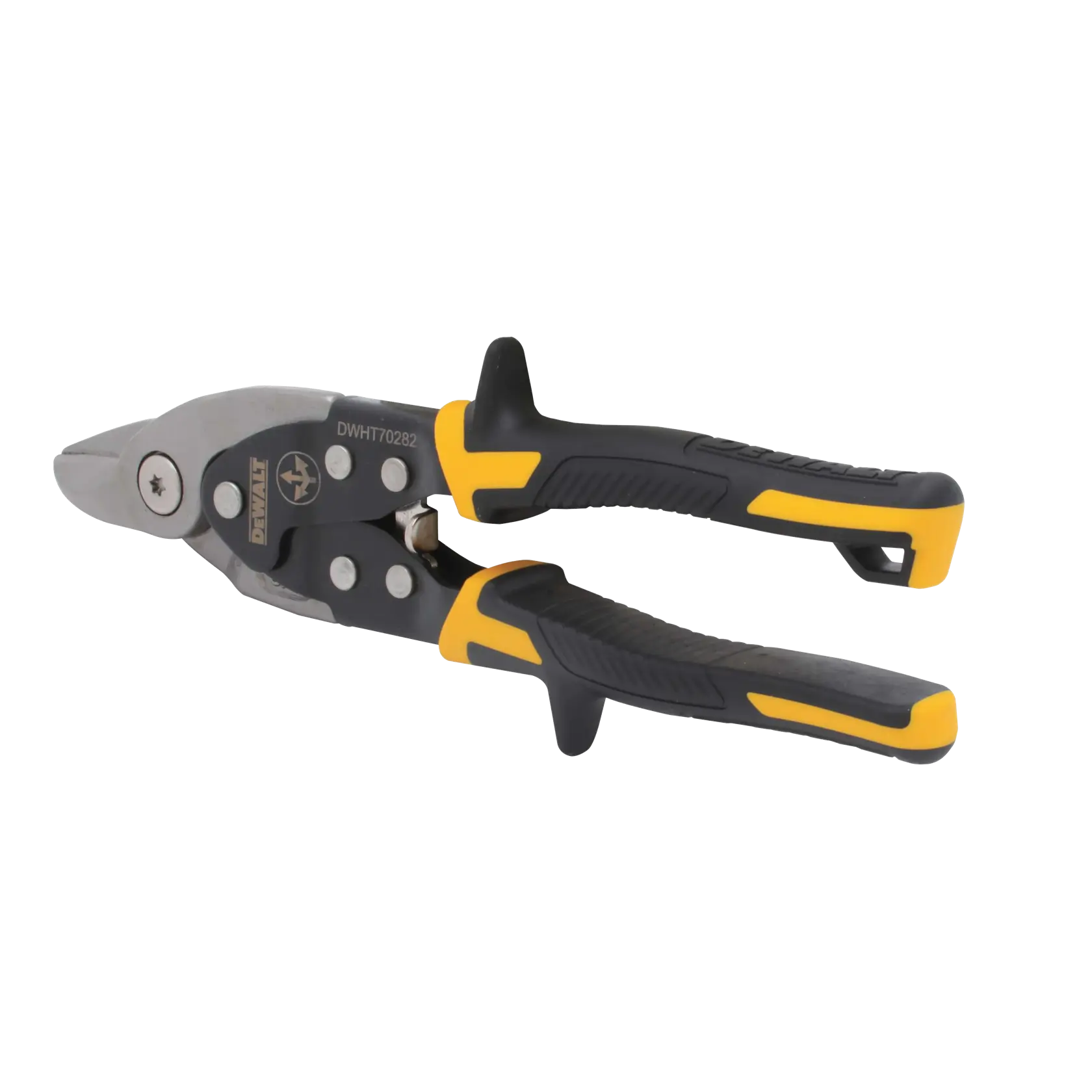 A pair of DEWALT aviation snips, SKU DWHT70282, featuring black and yellow ergonomic handles and a metal cutting blade.