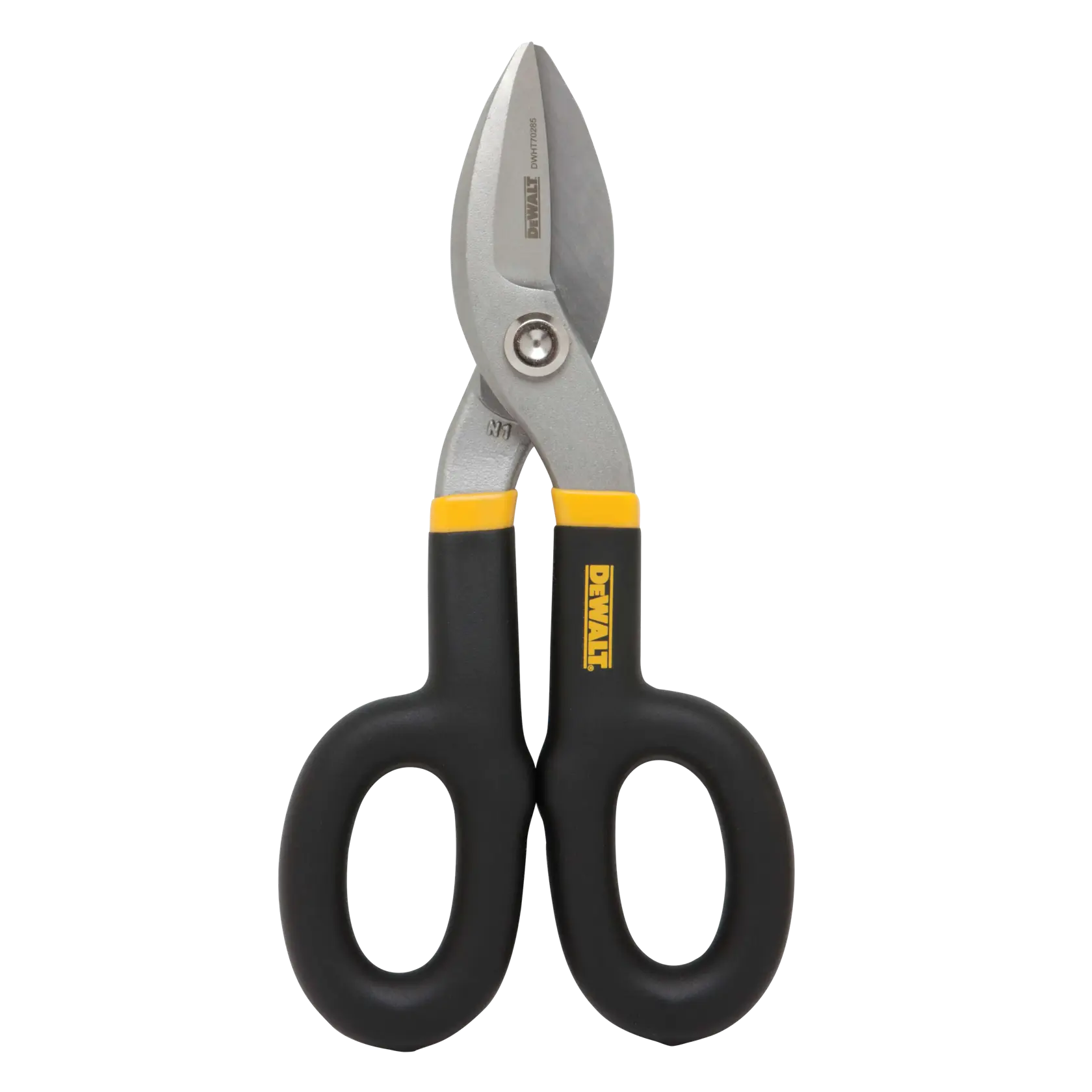 A pair of DEWALT aviation snips with black and yellow handles and metal cutting blades, isolated on a white background.