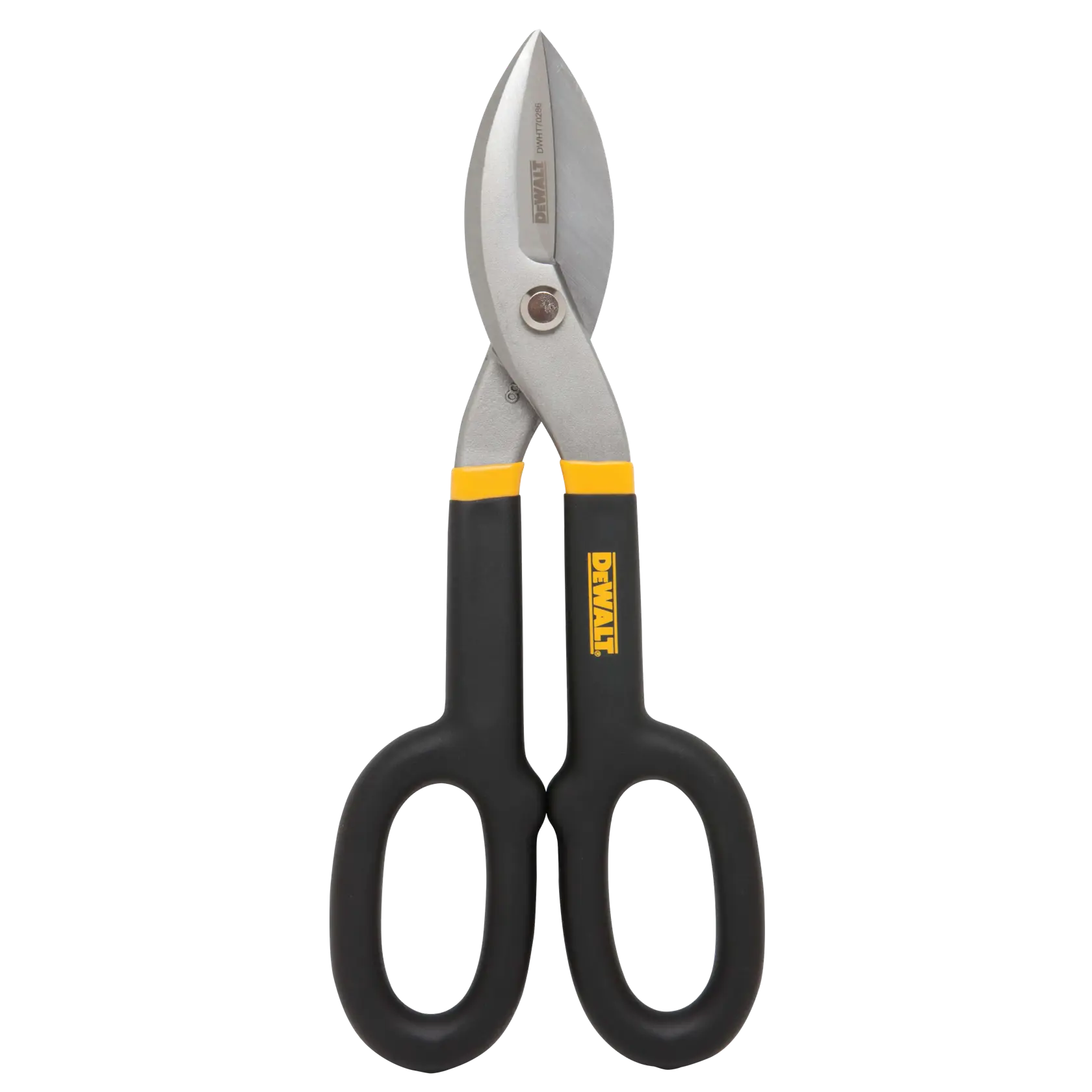 A pair of DEWALT metal cutting snips with black and yellow handles.
