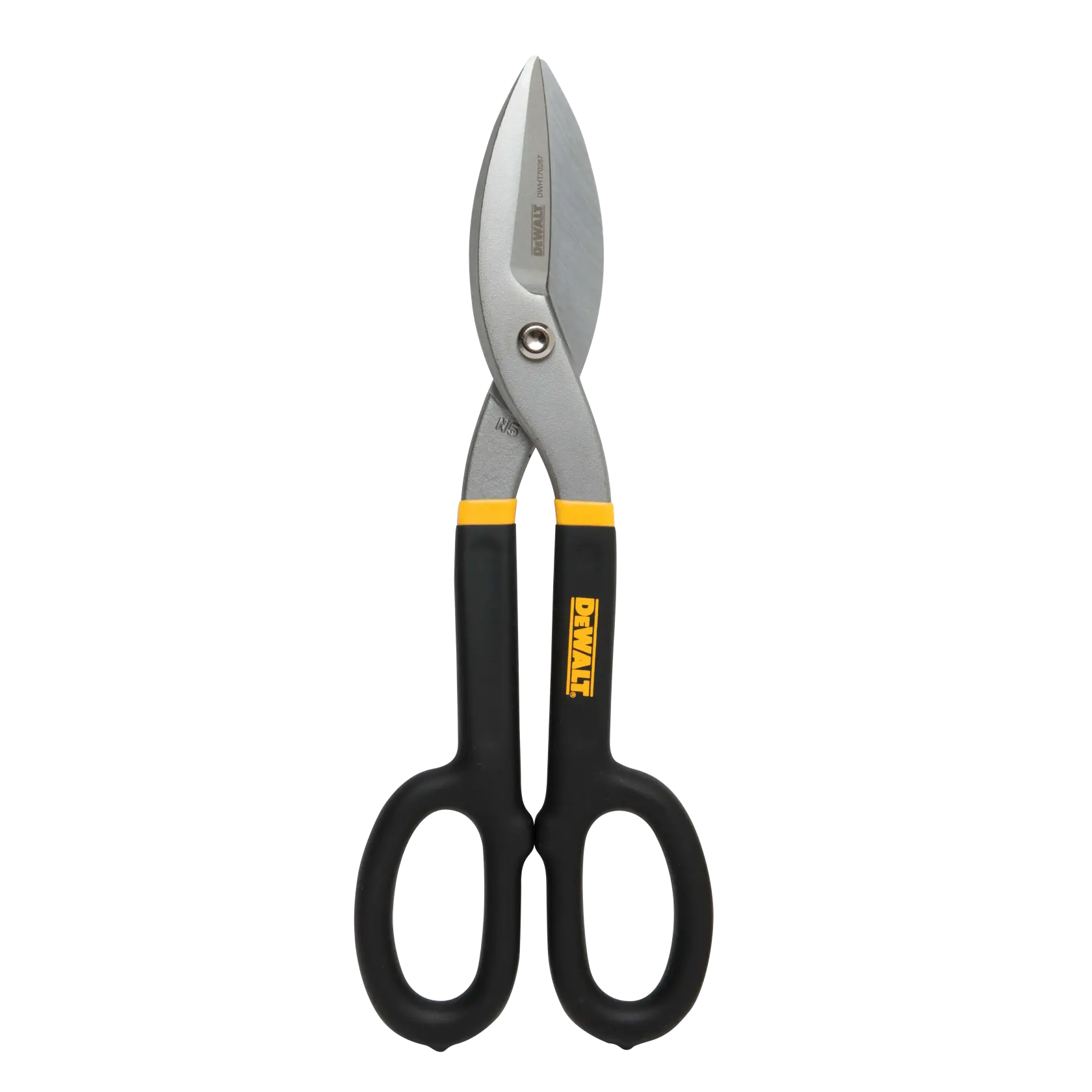 A pair of DEWALT tin snips with black and yellow handles, designed for cutting sheet metal.