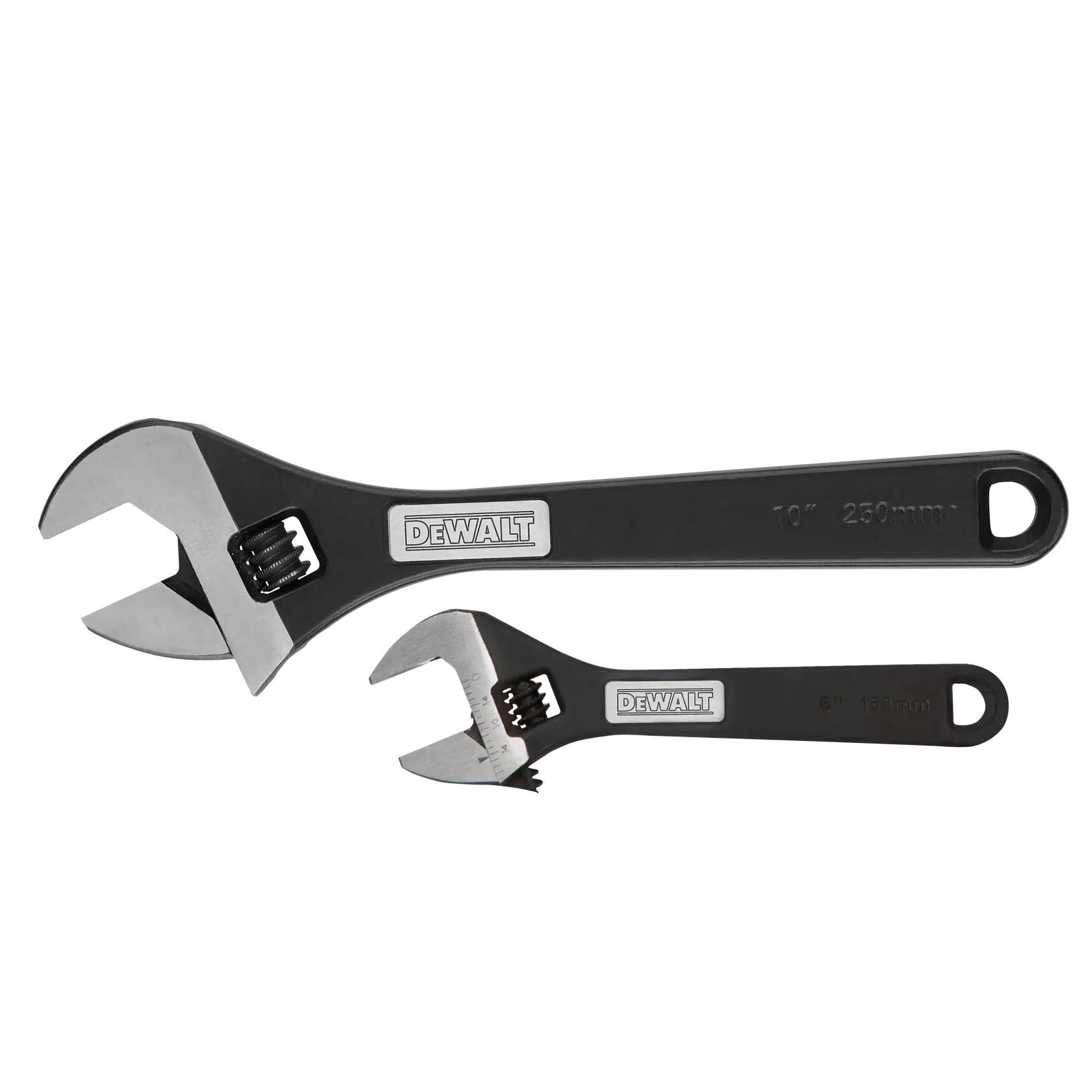 Two DEWALT adjustable wrenches, one larger and one smaller, both black with silver jaws and branded handles.