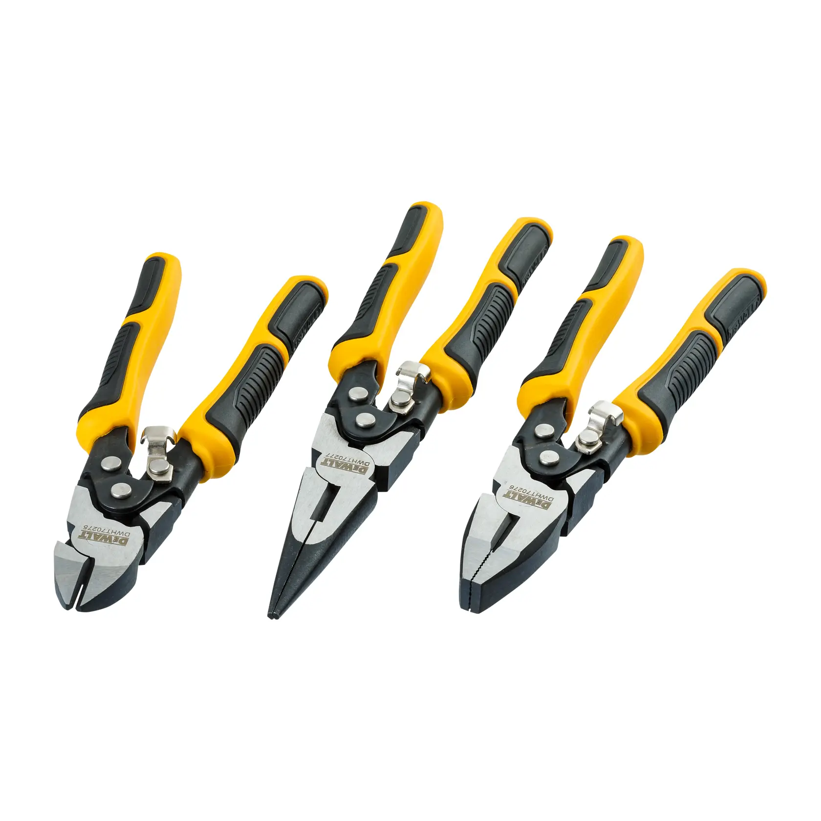 A set of three DEWALT pliers with yellow and black handles, including a diagonal cutting plier, a long nose plier, and a lineman's plier, positioned side by side on a white background.