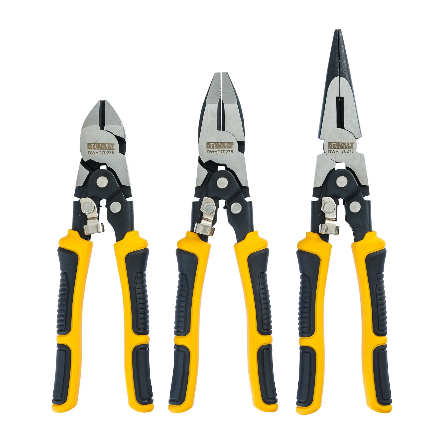 Three DEWALT hand tools are shown, each with yellow and black handles and metal jaws. From left to right, there are diagonal cutting pliers, slip joint pliers, and long nose pliers, all positioned upright.