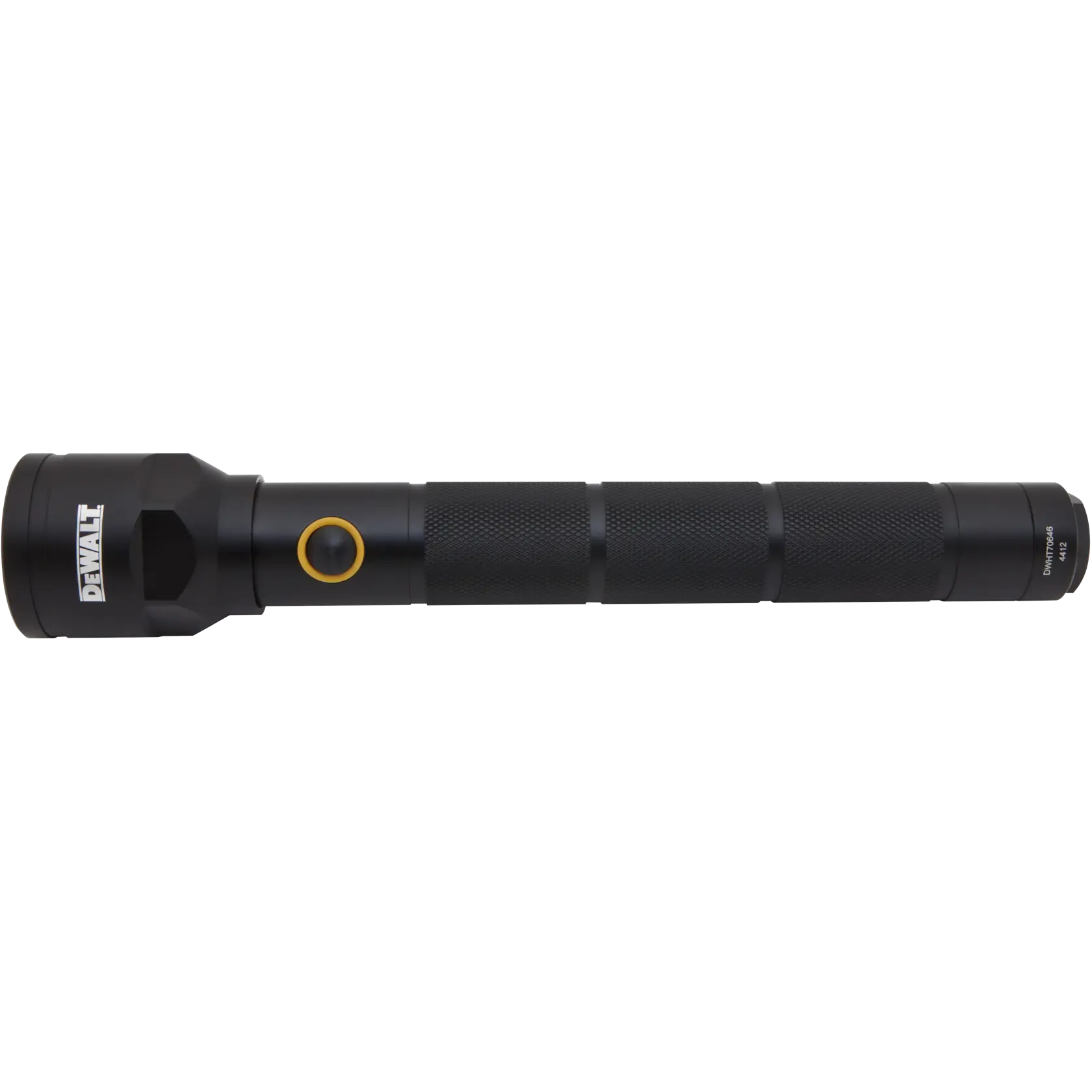 A black DEWALT flashlight with a long, textured handle and a yellow power button, shown on a white background.