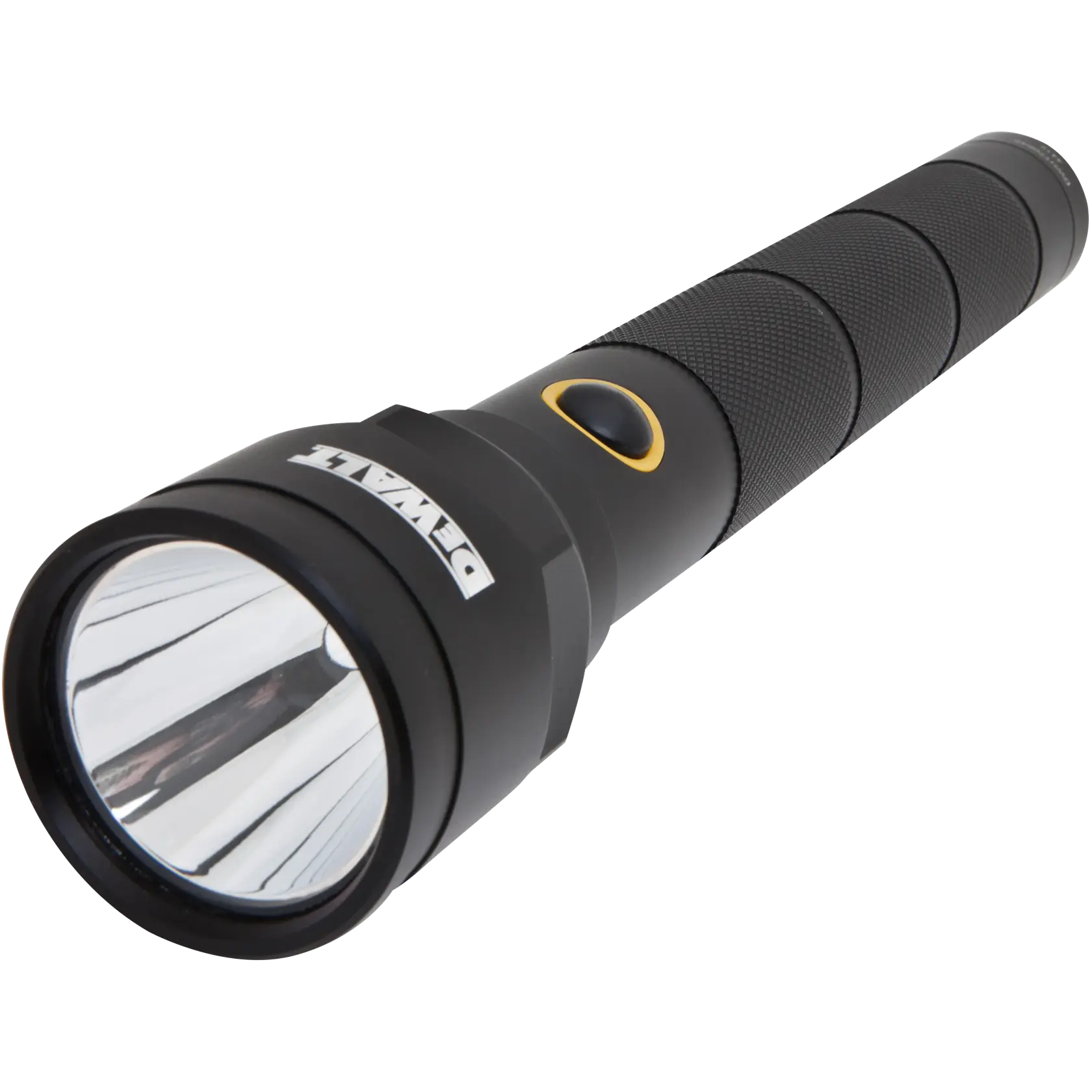 A black DEWALT flashlight with a textured grip handle and a yellow-ringed power button, photographed on a white background.