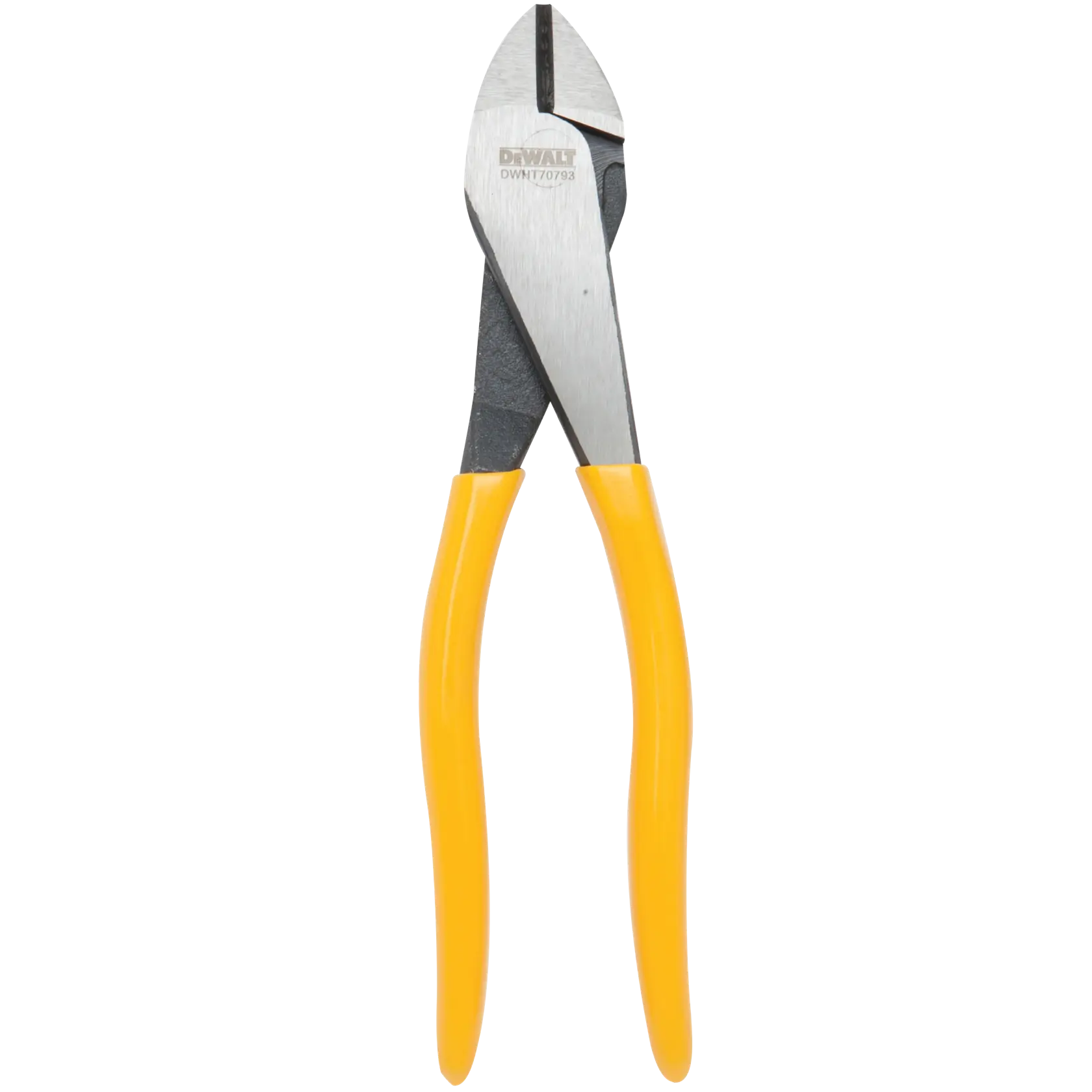 A pair of DEWALT diagonal cutting pliers with yellow handles, shown on a white background.