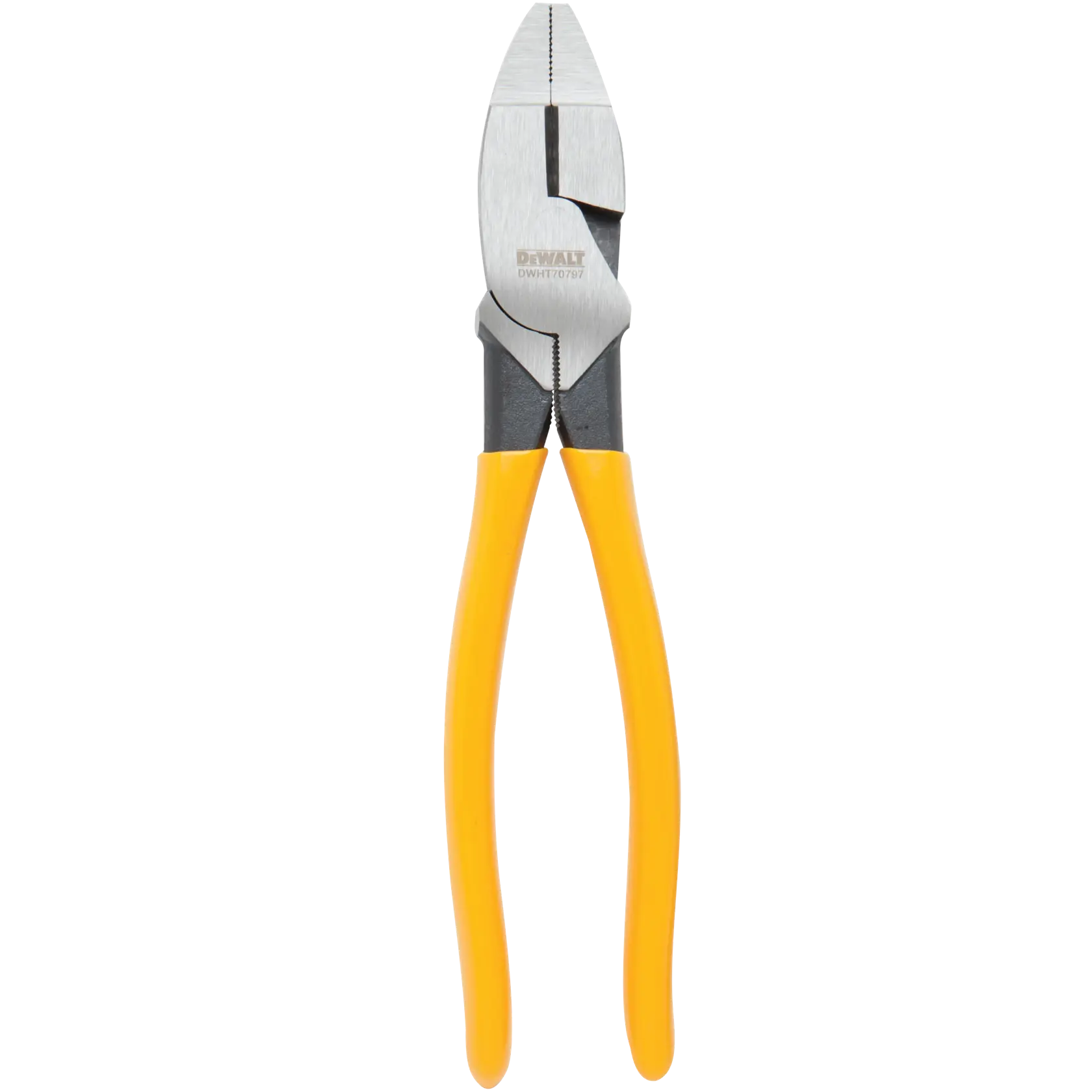 A pair of DeWalt lineman's pliers with yellow handles and a metal cutting head, shown against a white background.