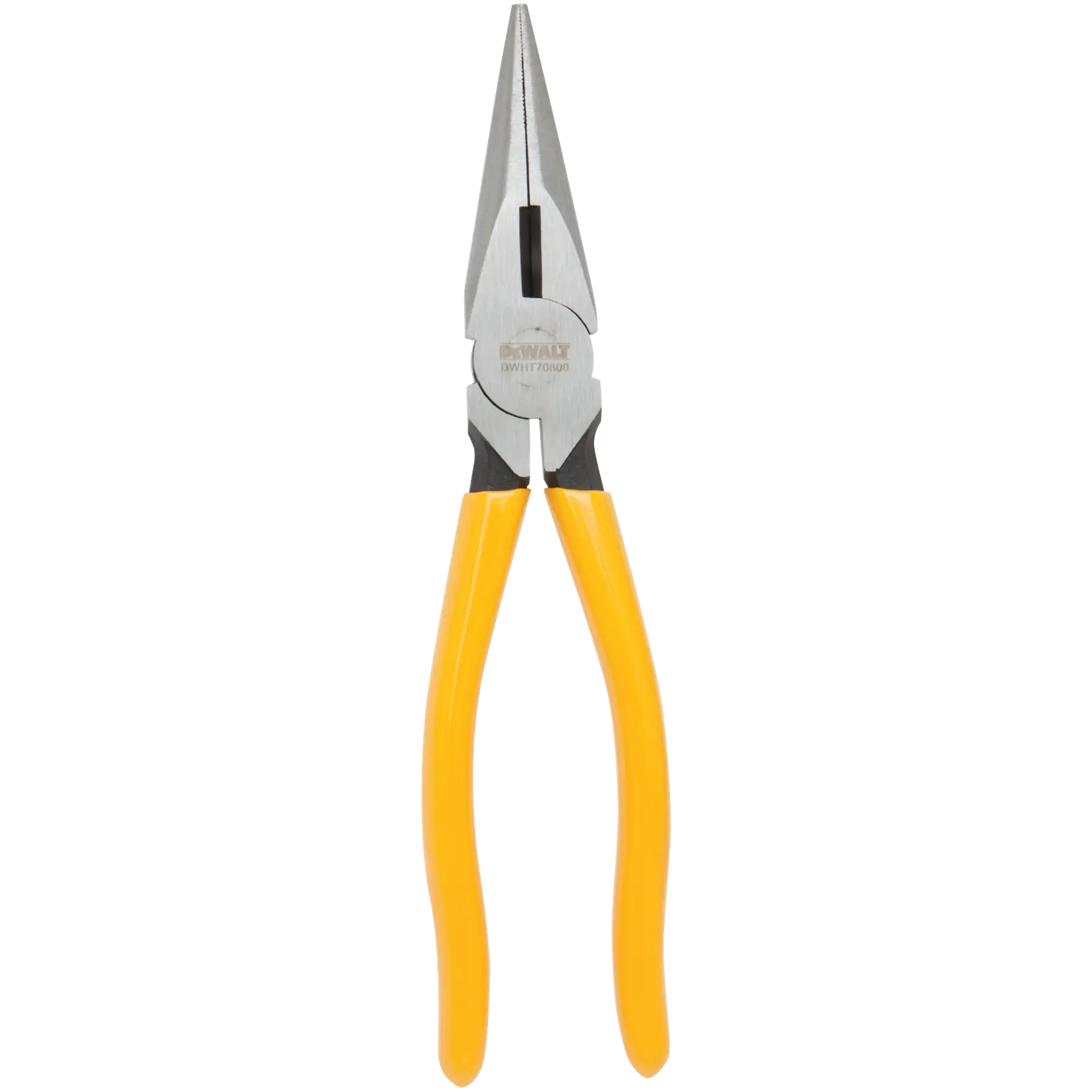 A pair of DEWALT long nose pliers with yellow handles, designed for precision gripping and cutting tasks.