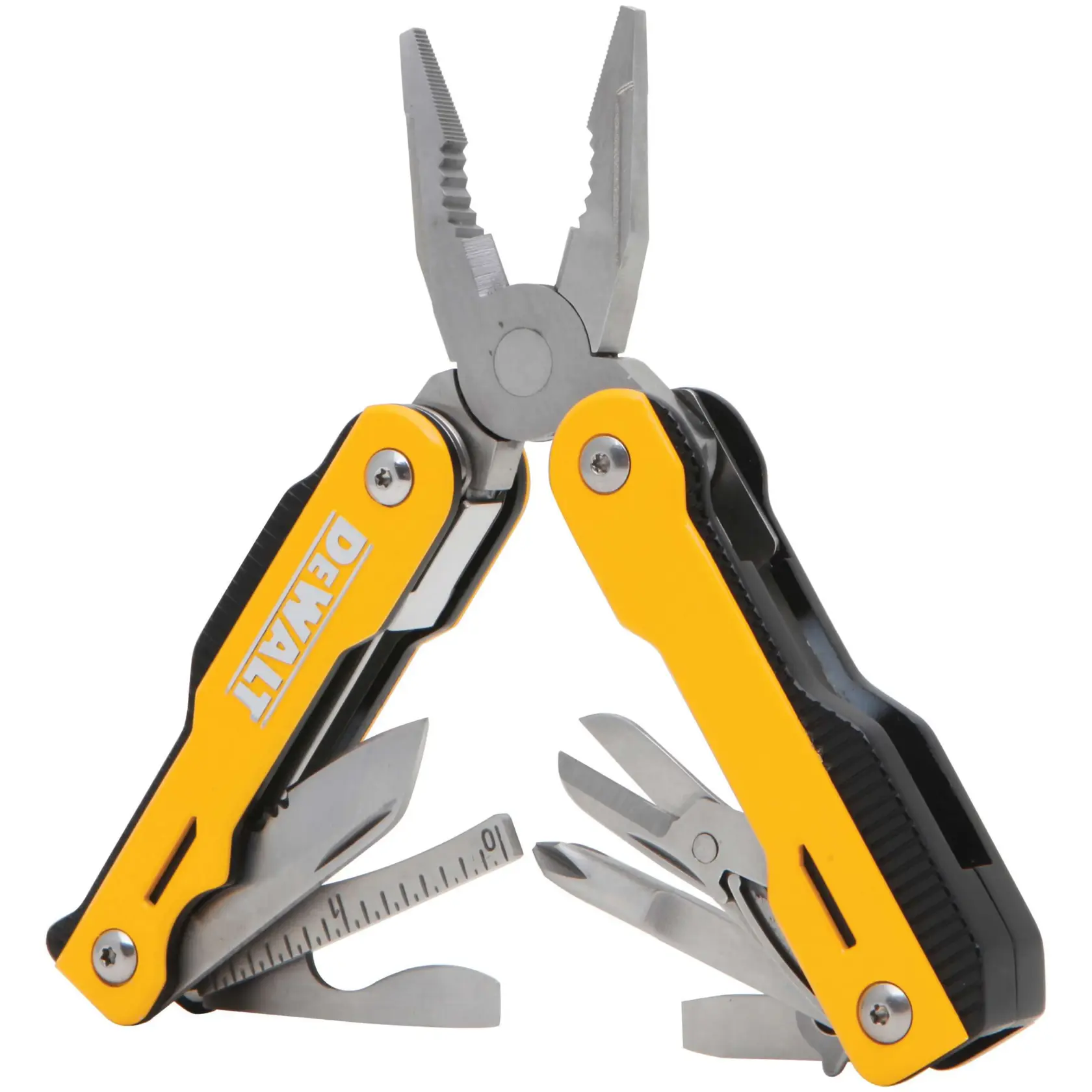 A DEWALT branded yellow and black multi-tool with various attachments open, including pliers, a ruler, a knife, and other tools.