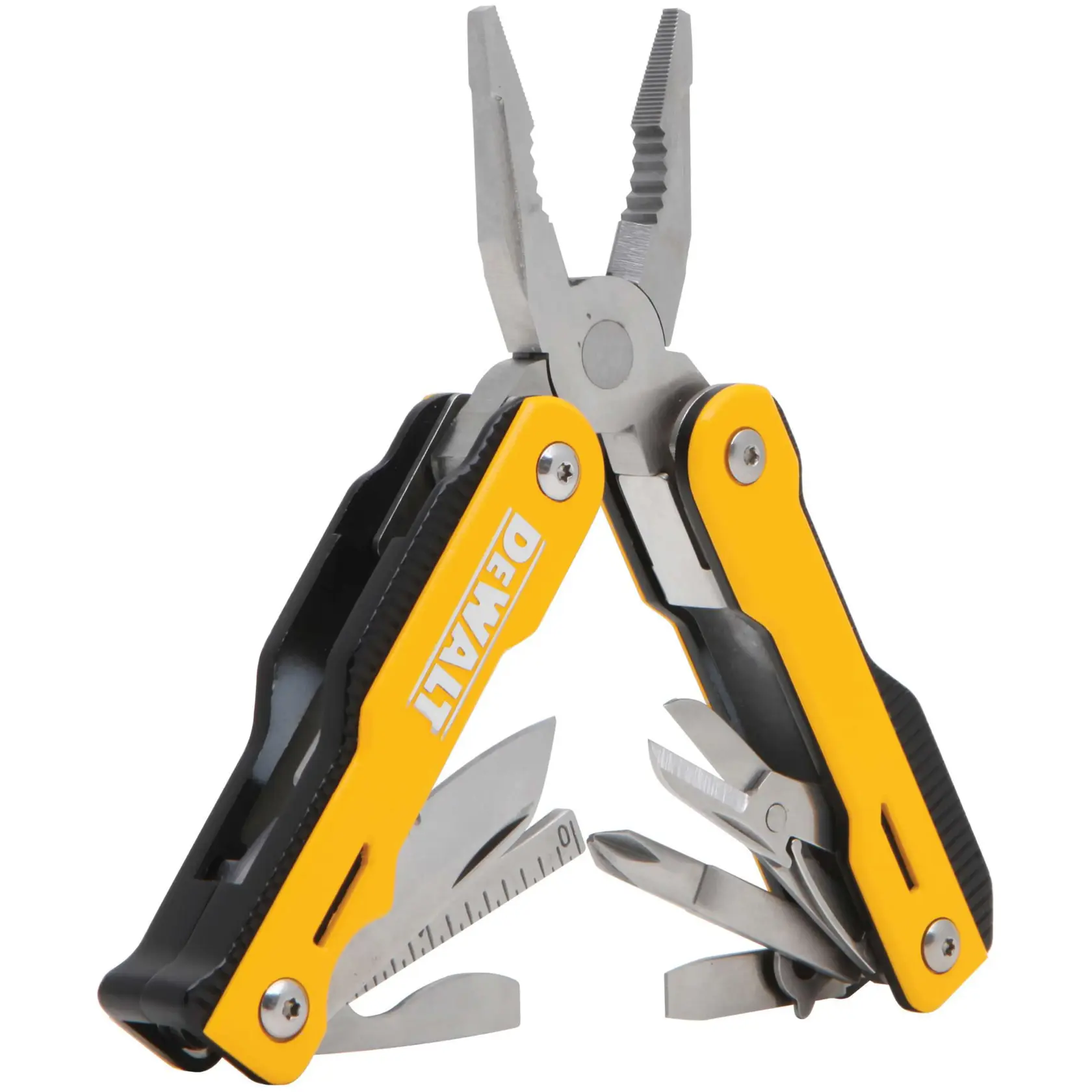 A DEWALT multi-tool with yellow and black handles, featuring pliers, a ruler, and various other fold-out tools including screwdrivers and blades.