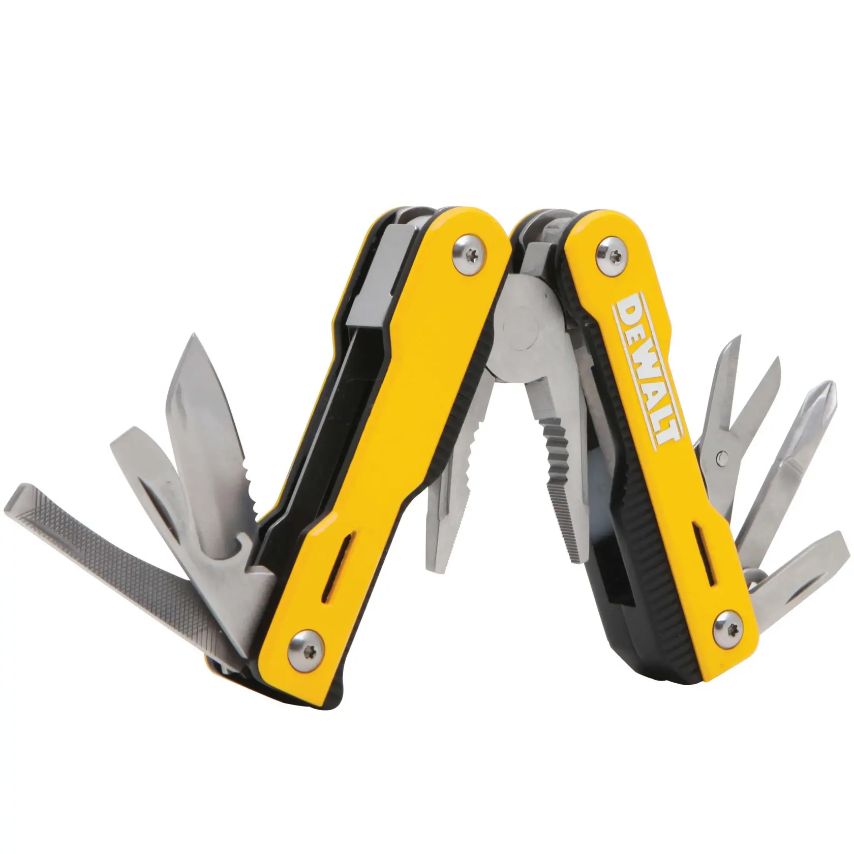 A DEWALT-branded yellow and black multi-tool with various extended tools, including pliers, a knife blade, scissors, screwdrivers, and a file, shown open and ready for use.