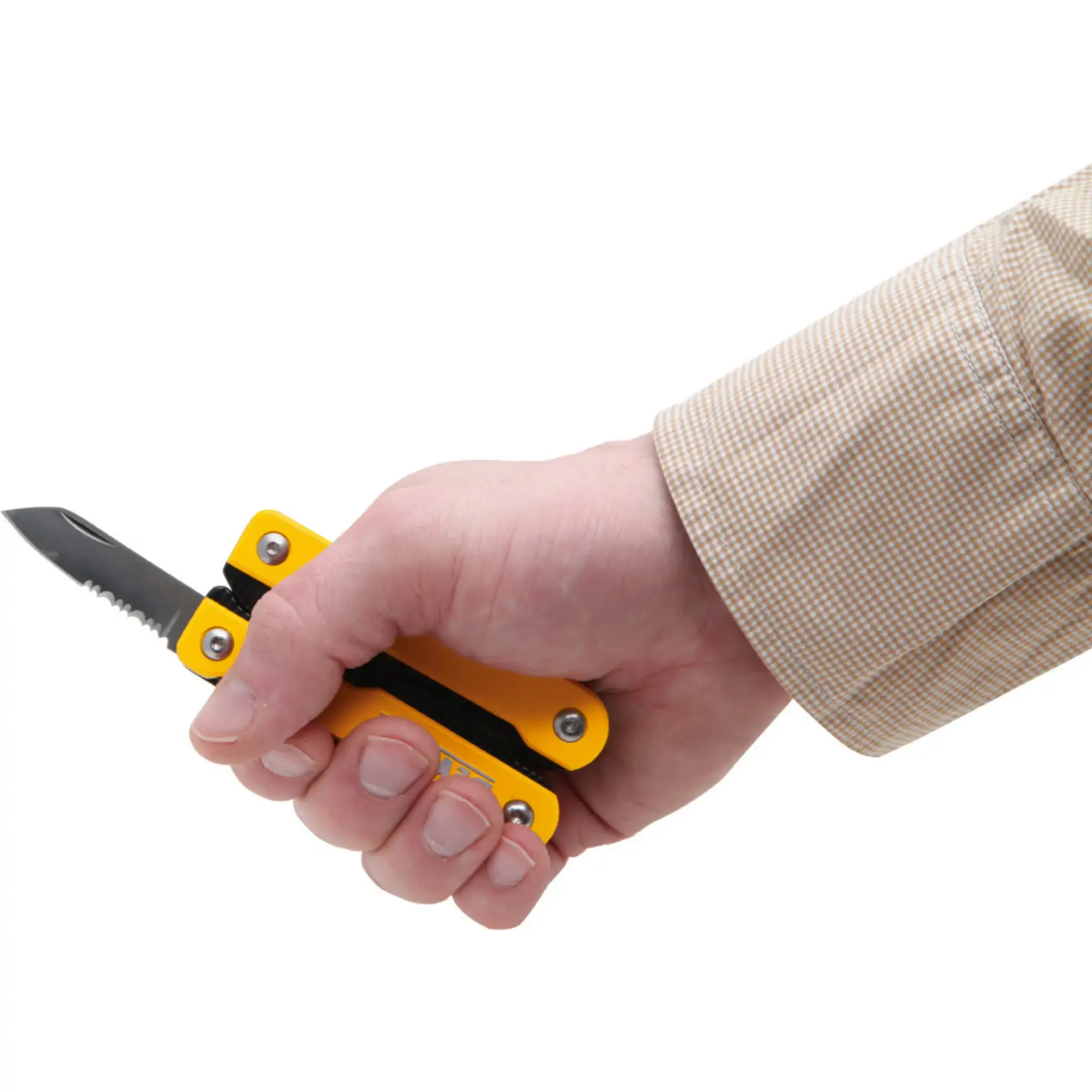 A hand holding a DEWALT yellow and black multi-tool with a partially extended serrated blade against a white background.