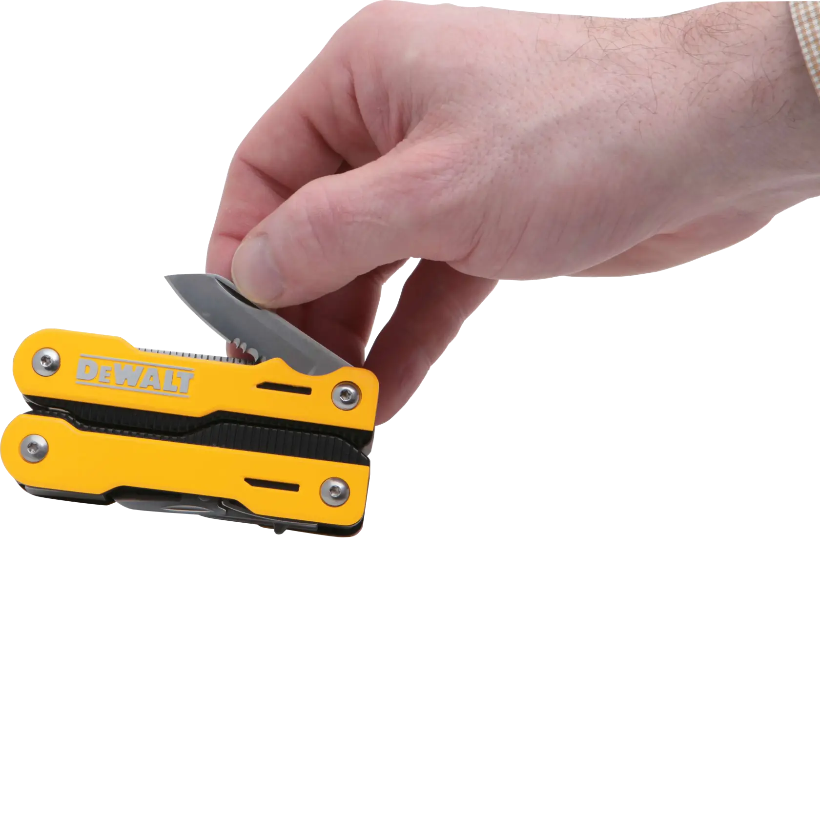 A hand holding a yellow DEWALT multi-tool with a partially opened blade.