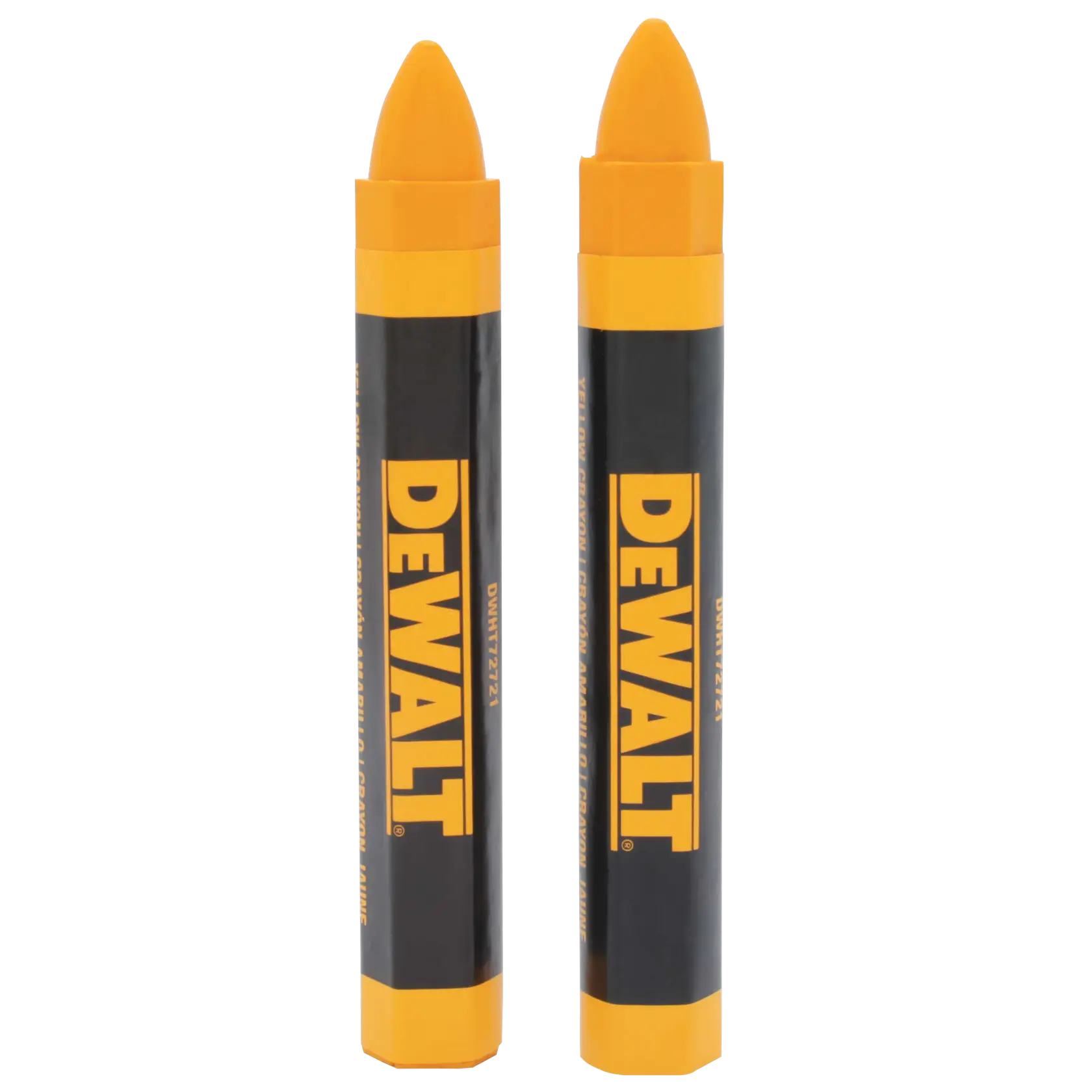 Two DEWALT yellow marking crayons with black and yellow casing, standing upright side by side.