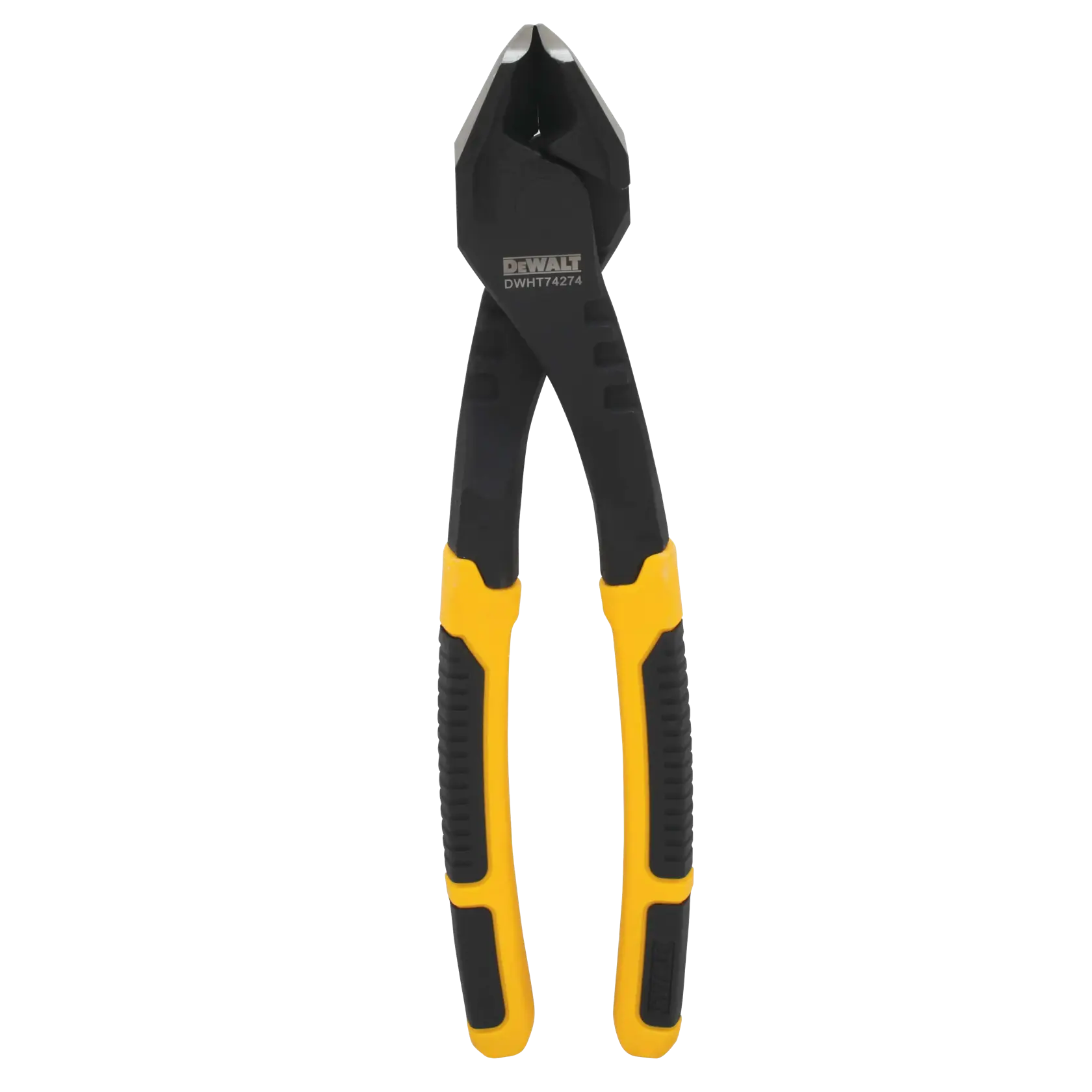 A pair of DEWALT DWHT74274 diagonal cutting pliers with yellow and black handles, designed for cutting wire and other materials.