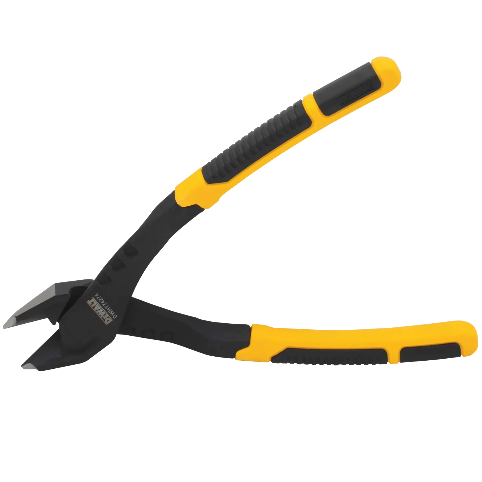 A pair of DEWALT diagonal cutting pliers with black and yellow ergonomic handles.