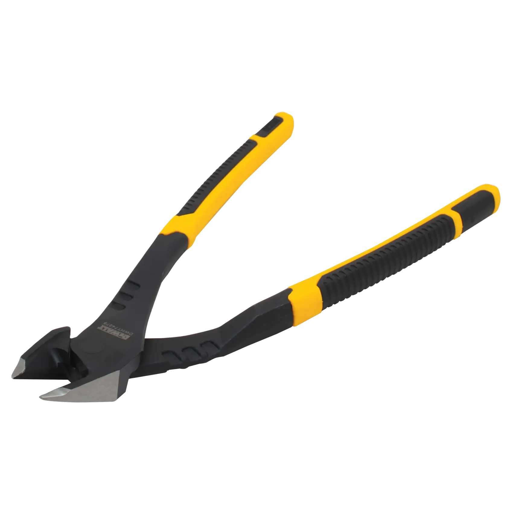 A pair of DEWALT compound action diagonal cutting pliers with black and yellow handles.