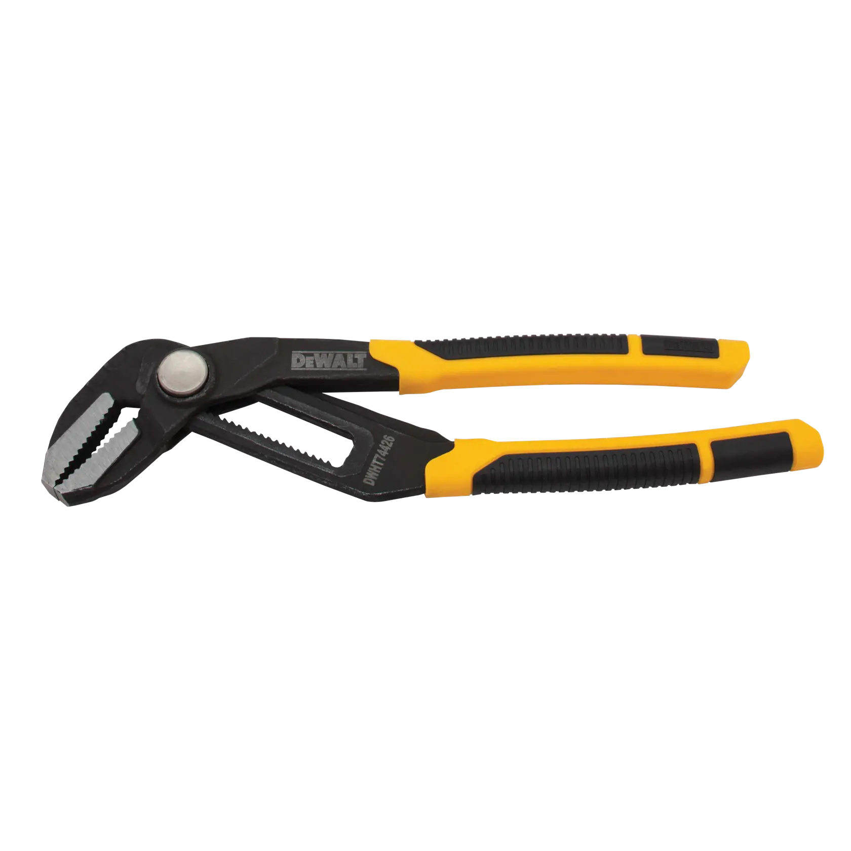 DEWALT adjustable groove joint pliers with black jaws and yellow and black handles, SKU DWHT74426.