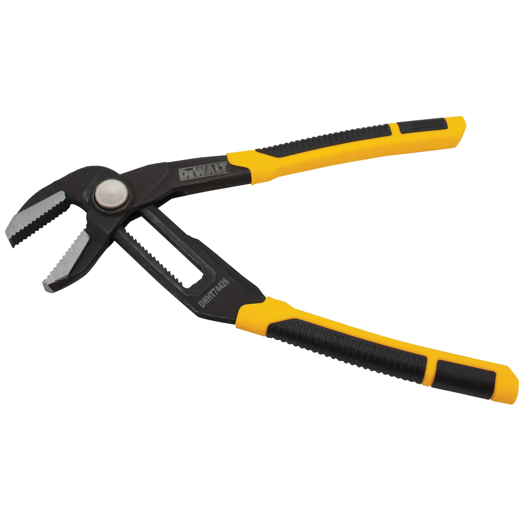 A pair of DEWALT adjustable groove joint pliers with yellow and black handles, designed for gripping and turning objects. The model number DWHT74426 is visible on the tool.