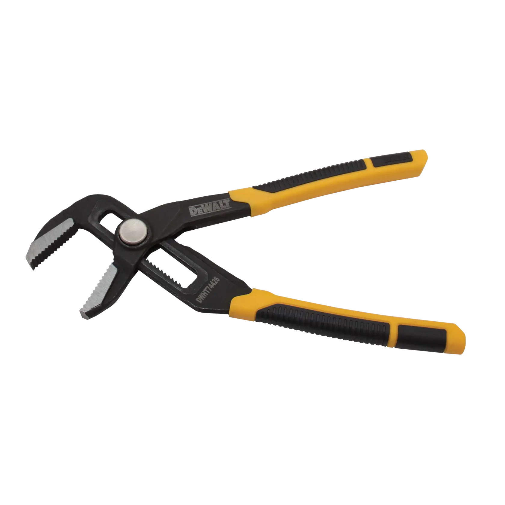 A DEWALT adjustable groove joint plier with yellow and black rubber handles, designed for gripping and turning objects.