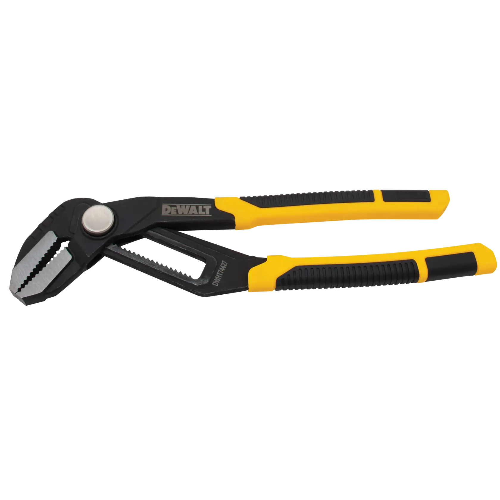 DEWALT adjustable groove joint pliers with black and yellow handles, shown on a white background.