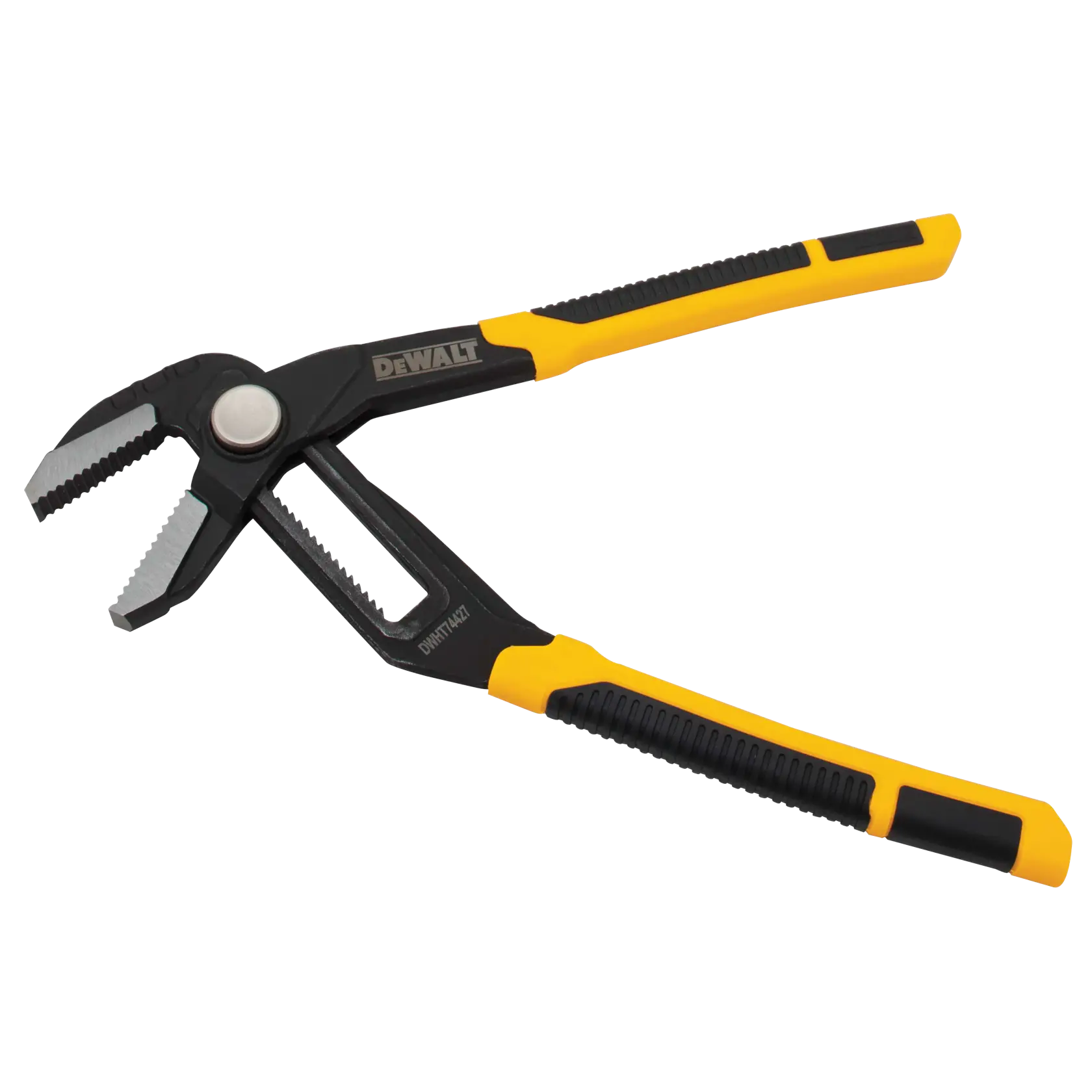 A pair of DEWALT brand groove joint pliers with yellow and black handles, model DWHT74427, designed for gripping and turning objects.