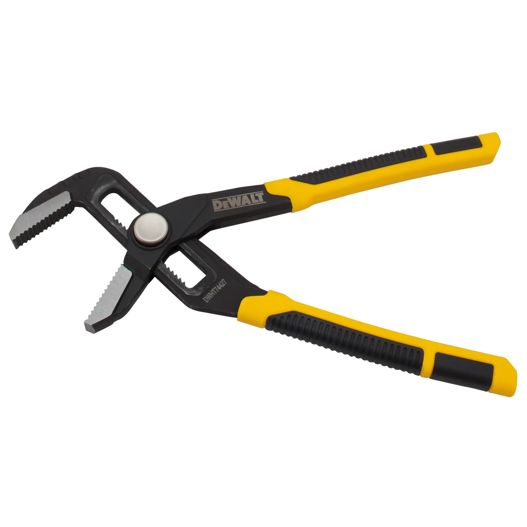 A pair of DEWALT adjustable groove joint pliers with black and yellow handles, designed for gripping and turning objects.
