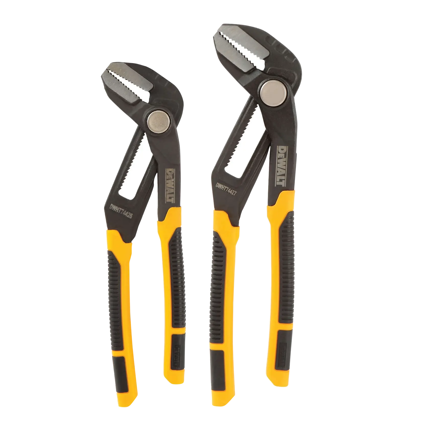 Two DEWALT adjustable pliers with black and yellow handles placed side by side.