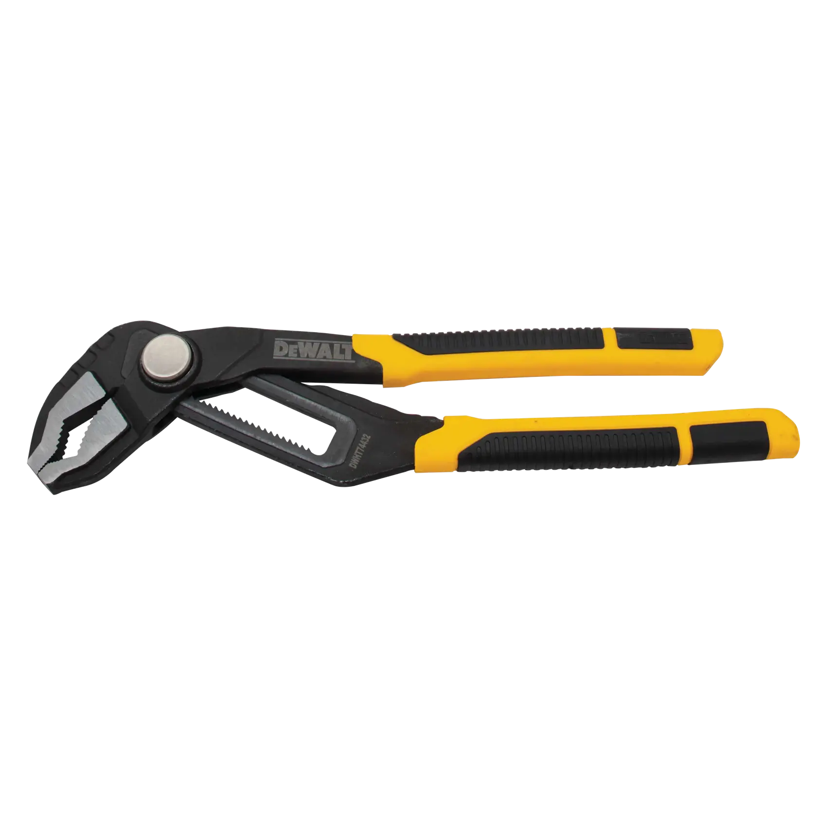 A pair of DEWALT groove joint pliers with black and yellow handles and an adjustable jaw, used for gripping and turning objects.