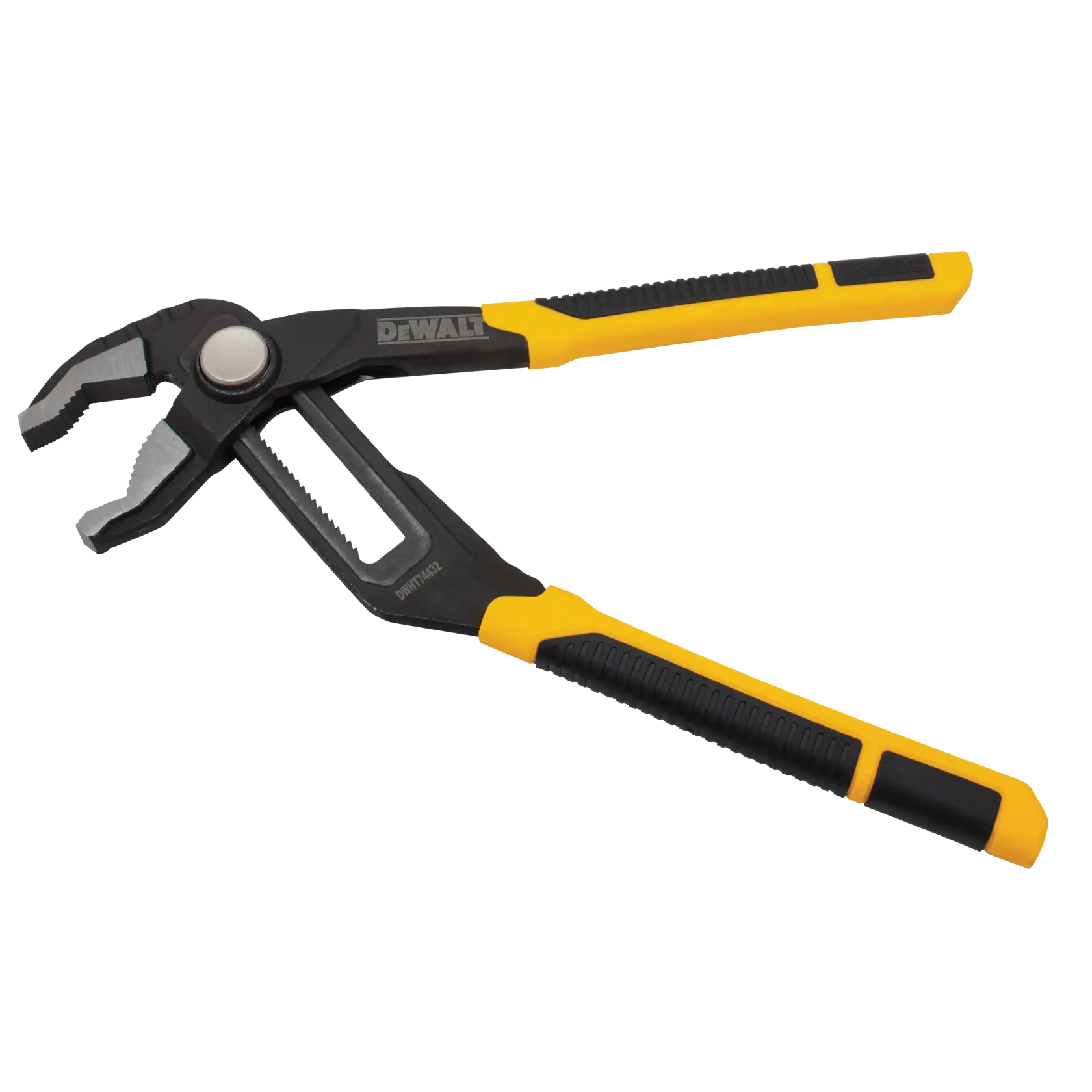 Adjustable groove joint pliers with a black body and yellow and black handles, branded DEWALT.